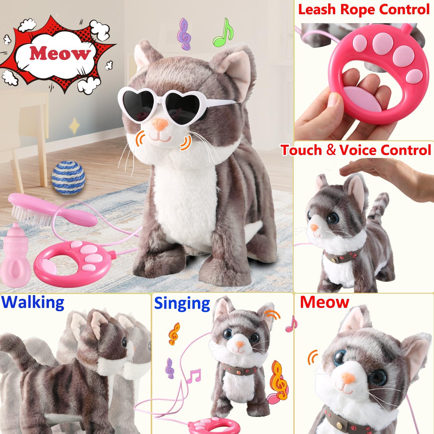 Juego de gato con correa gris que camina cantando que ronronea y maulla, robot de peluche animado, gatito en movimiento, animal de peluche realista