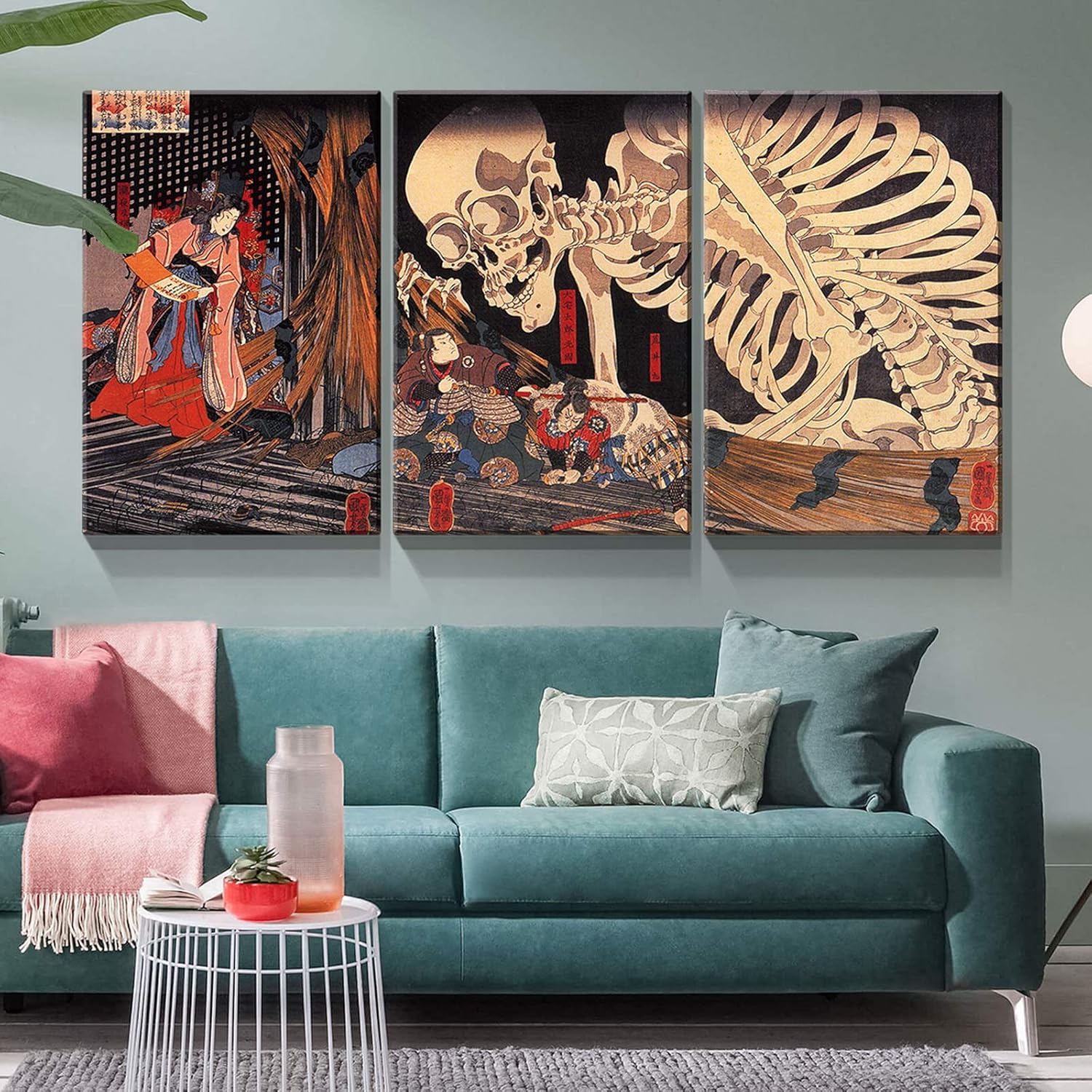 Denozer – Lienzo decorativo para pared de 3 piezas – Utagawa Kuniyoshi – Takiyasha La bruja y el espectro del esqueleto – Ukiyo-E – Decoración