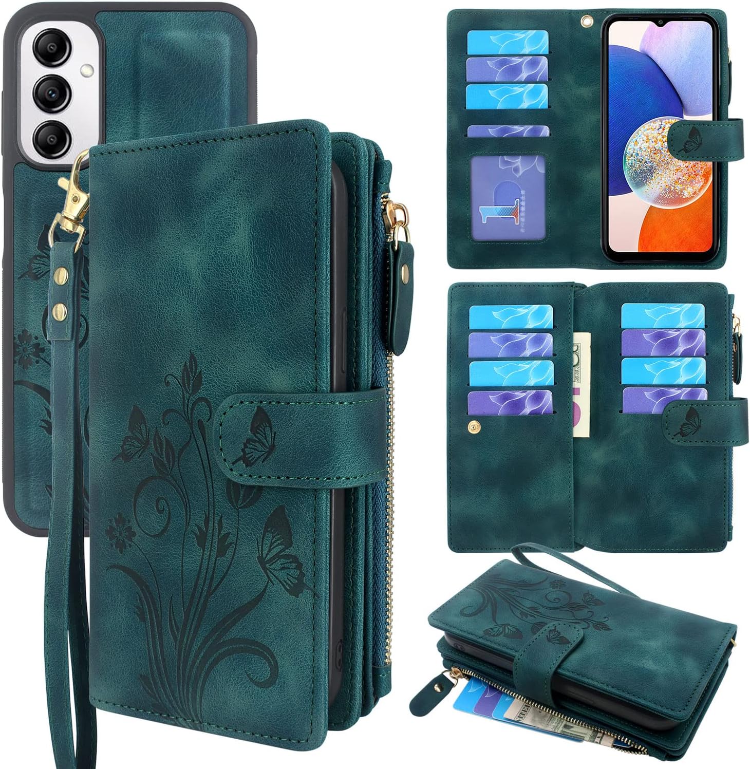 Lacass Funda para Samsung Galaxy A14 5G 2023, 12 ranuras para tarjetas Soporte para dinero en efectivo para tarjetas de identificación, bolsillo con