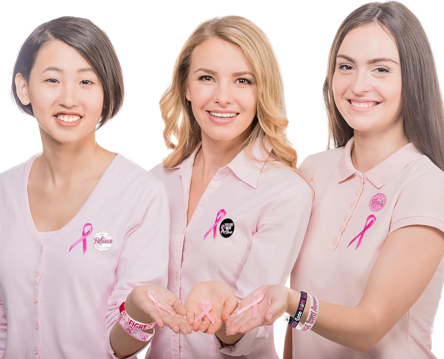 90 piezas de accesorios de concientización sobre el cáncer de mama, bandas elásticas para el cabello, insignias de botones, regalos para mujeres y