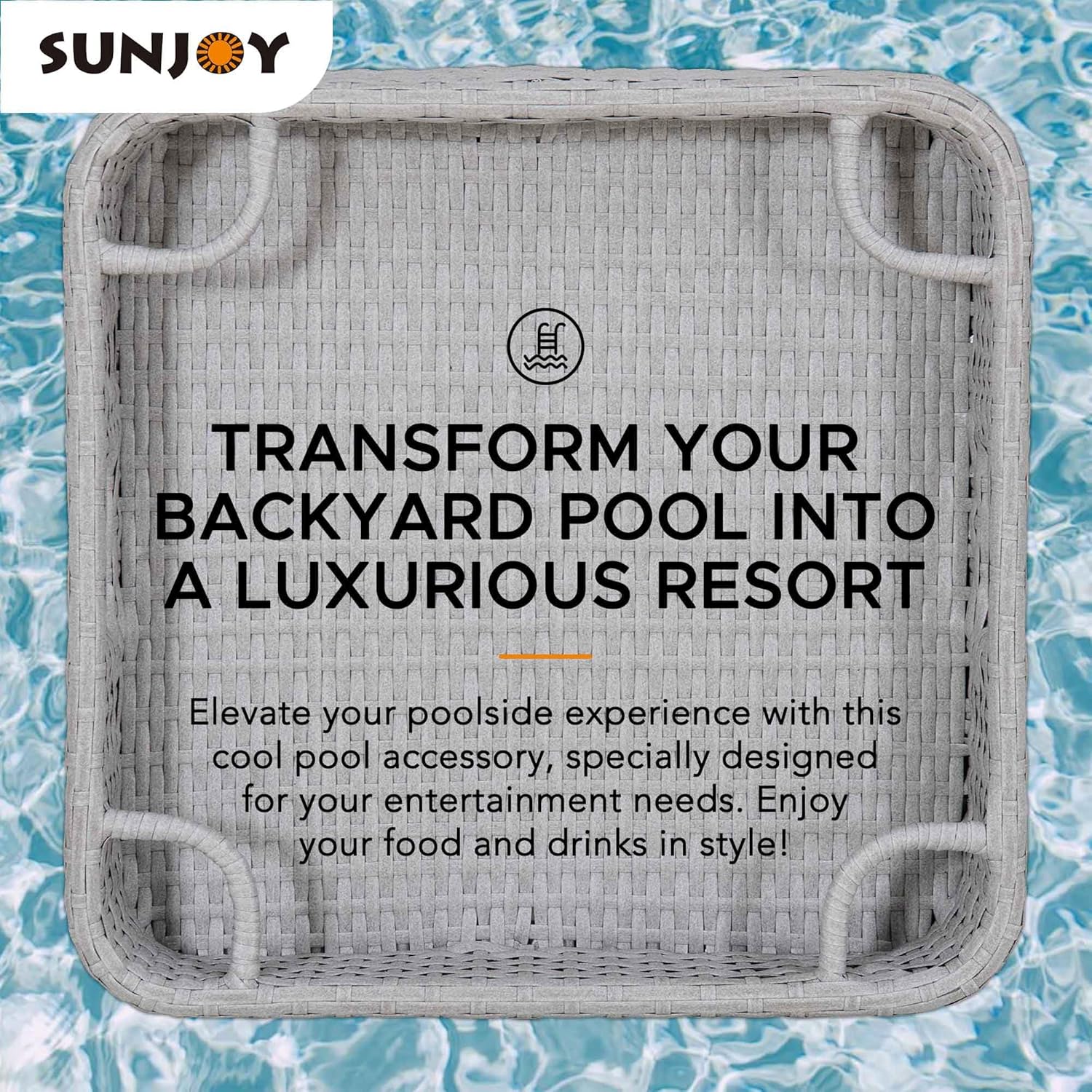 Sunjoy Bandeja flotante de mimbre de 24 x 24 pulgadas. Bandeja de piscina con marco de aluminio, bandeja flotante para servir bebidas, aperitivos y