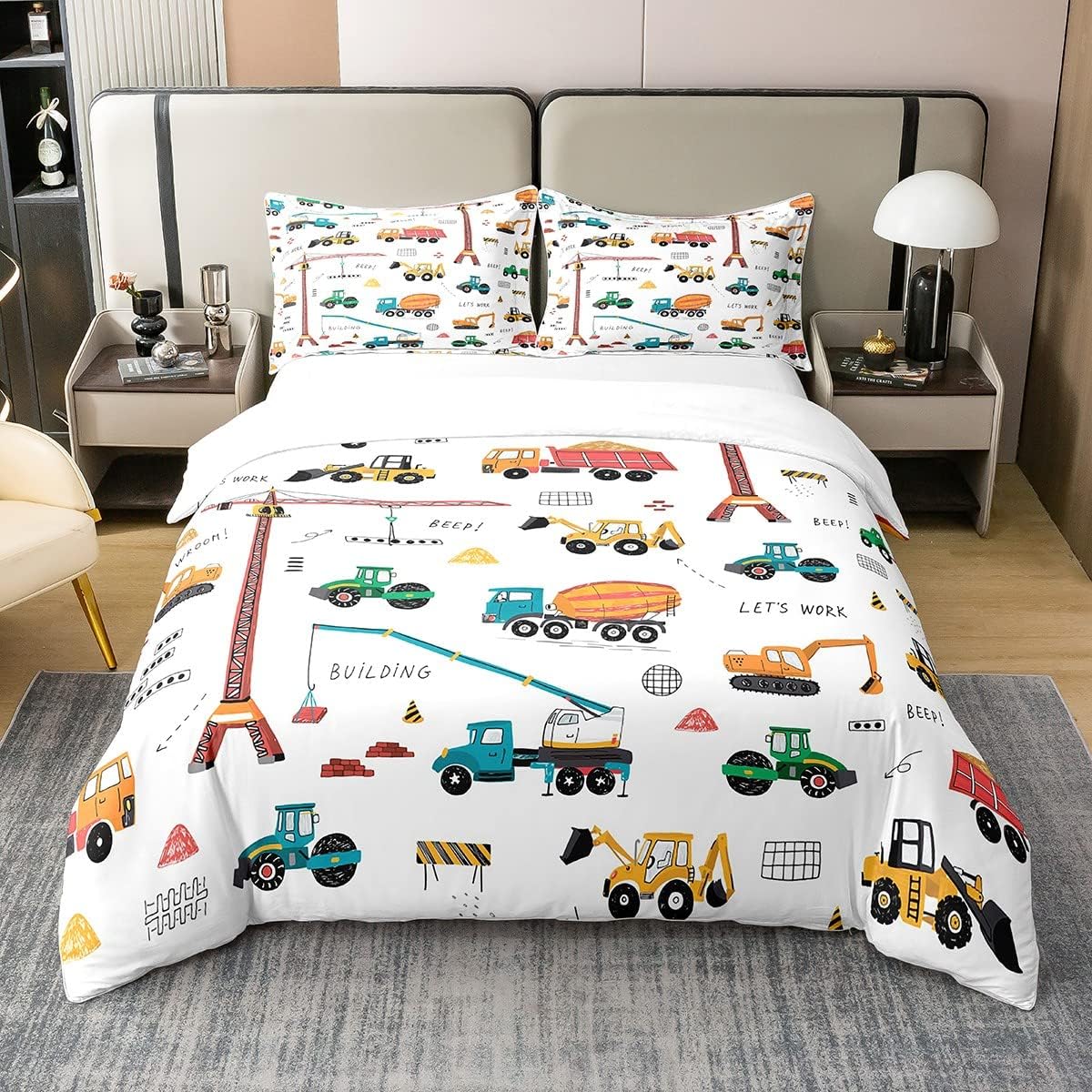 Juego de funda de edredón 100% algodón para excavadora tamaño queen, tractor, maquinaria, camiones, ropa de cama para niños y niños, funda de