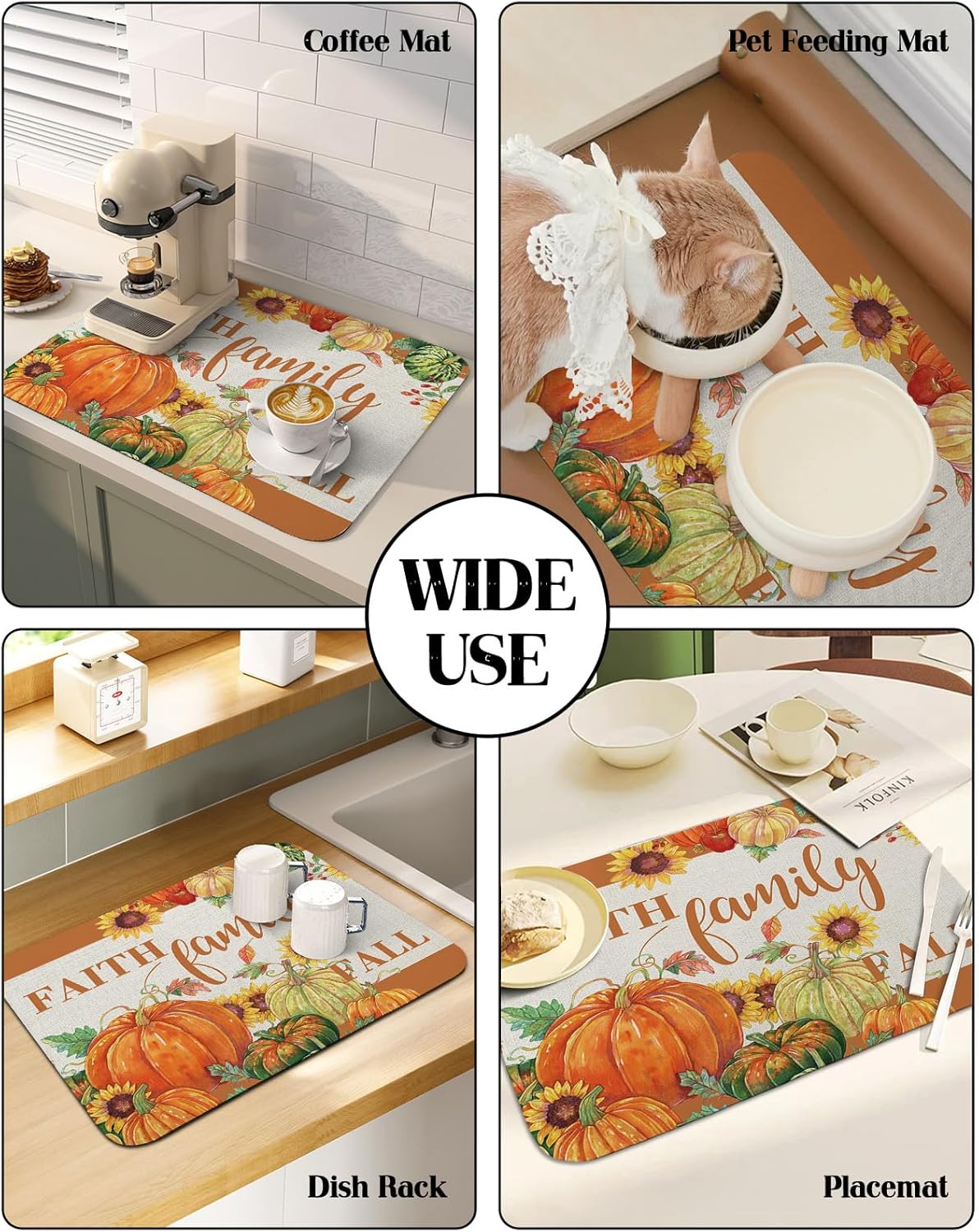 Tapete de secado de platos de calabaza otoñal para encimera de cocina, súper absorbente, de secado rápido, tapete delgado para fregadero de
