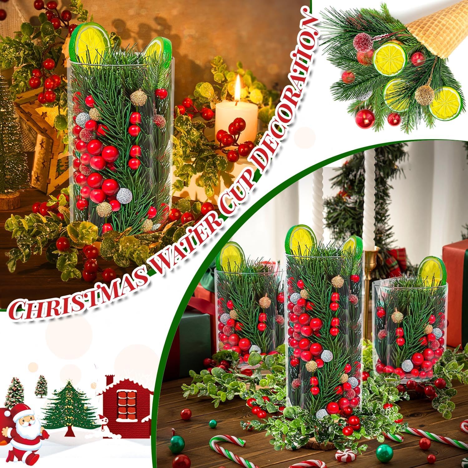 KXCOFTXI Juego de 194 piezas de relleno de jarrón de Navidad, con frutas de ramas de 3 colores, hoja de aguja de pino, rodajas de limón, centro de