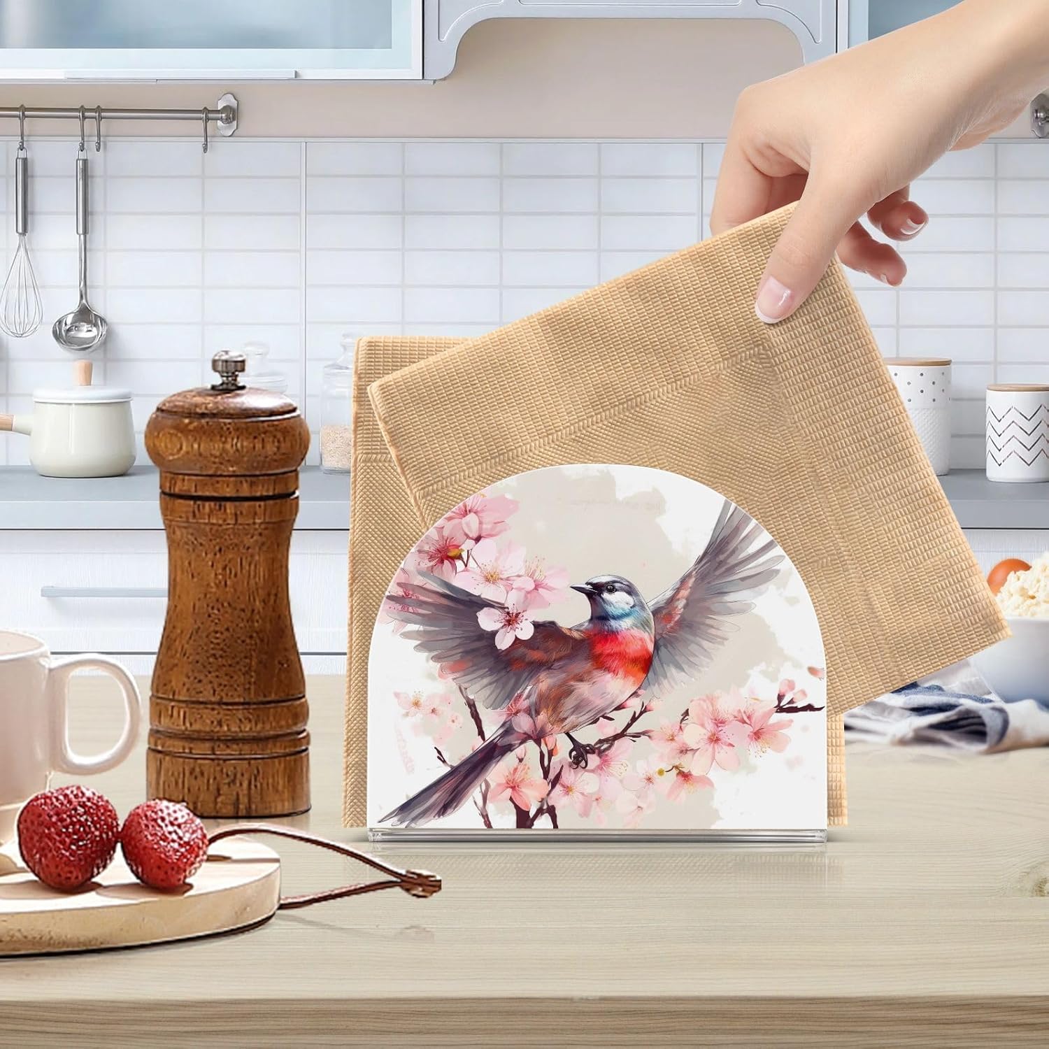 Servilletero de acrílico con diseño de flores rosas y pájaros, moderno, decorativo, para mesa, cocina, oficina, restaurante