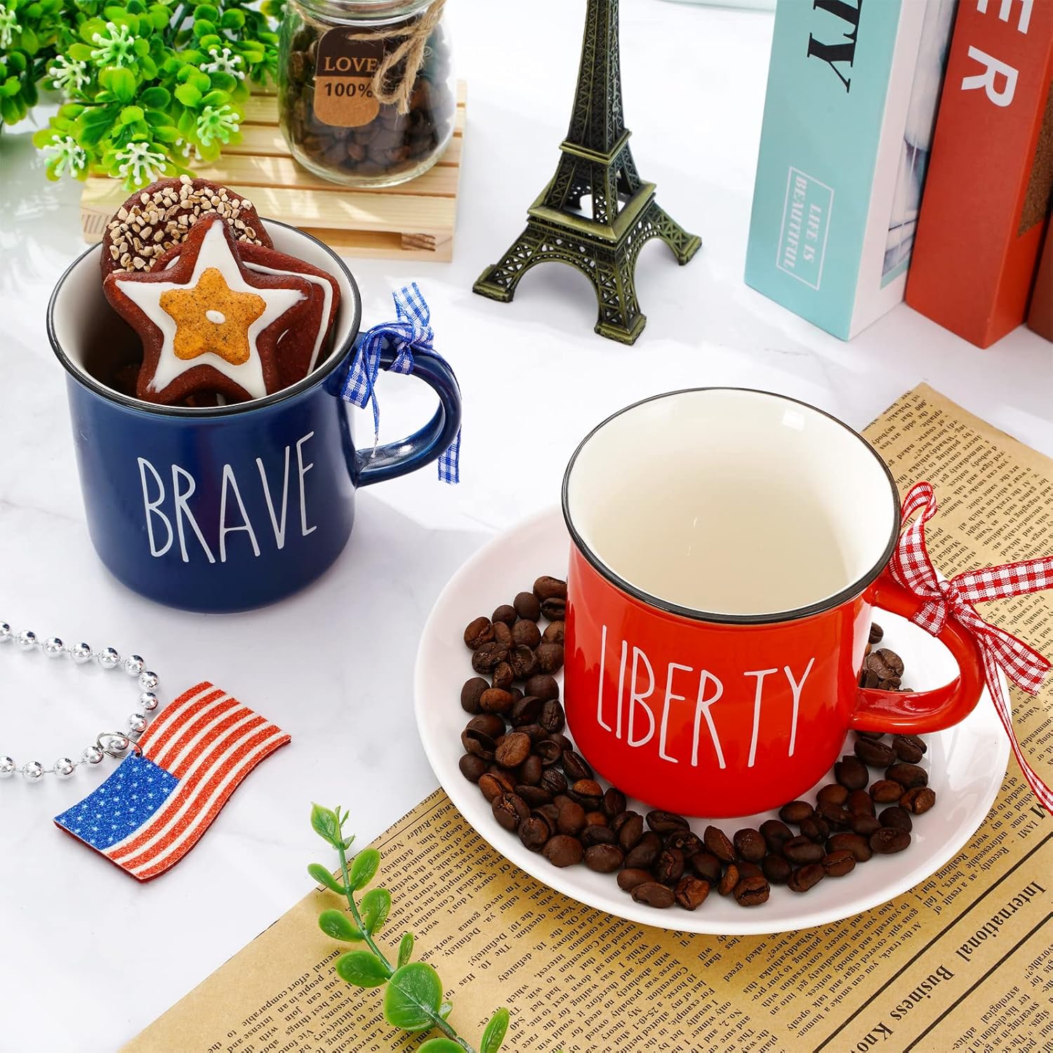 Whaline 6 mini tazas de café patrióticas con cinta a cuadros, rojo, azul, blanco, mini tazas para beber God Bless America, bandeja patriótica con