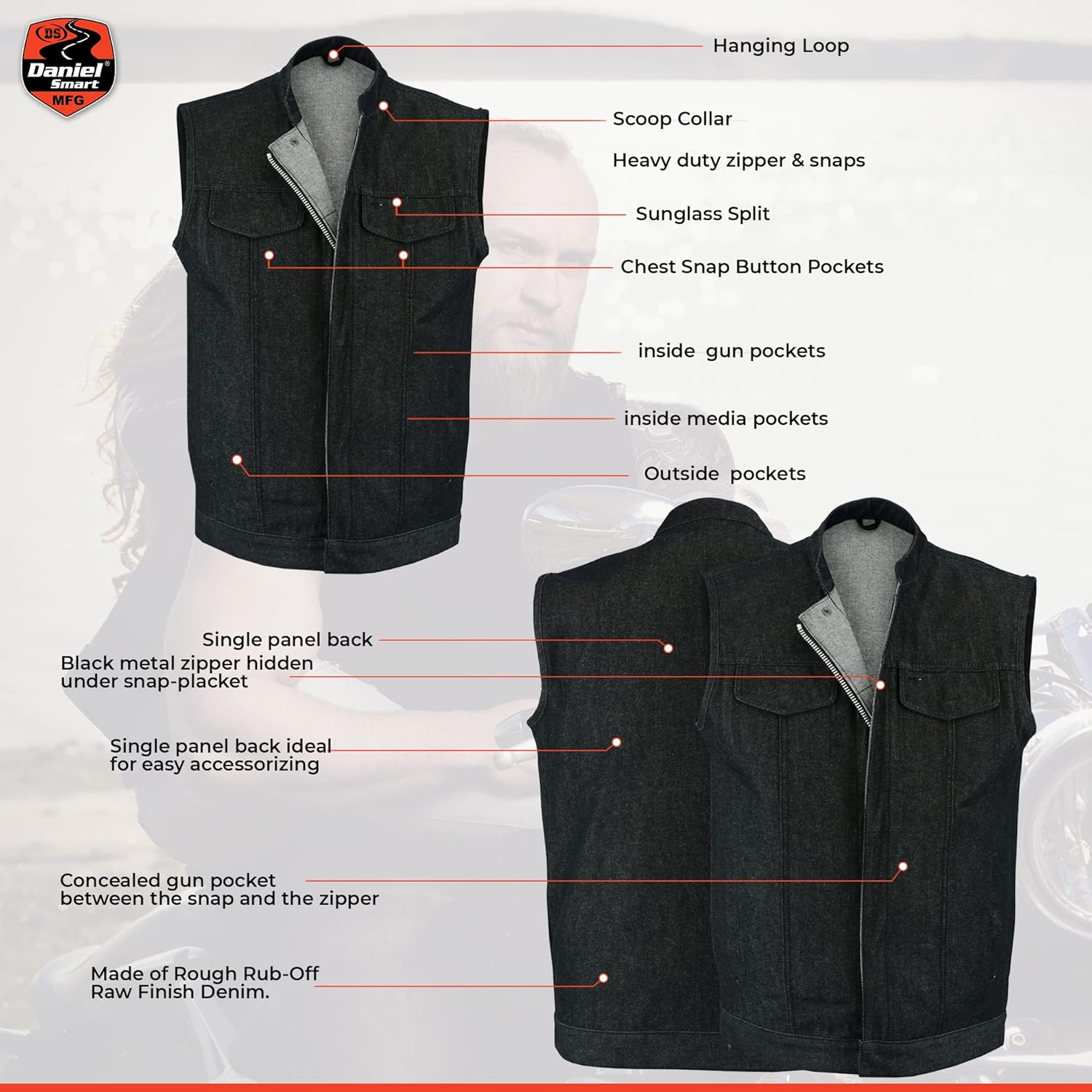 Daniel Smart Biker Vest for Men Rough Blue & Black Denim Vest with Unique Scoop Collar Design & Concealment Armory Pocket