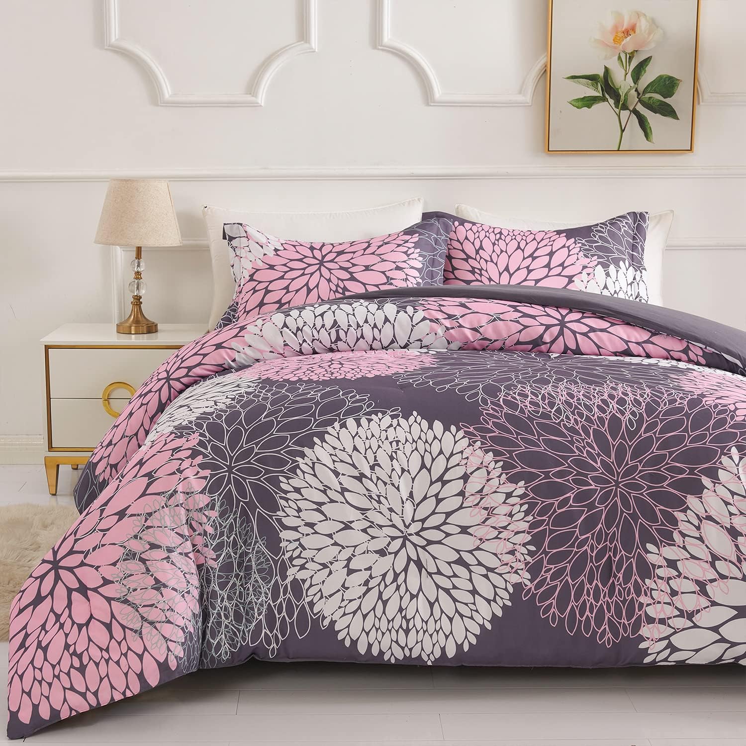Koniroom Juego de edredón de 3 piezas, color rosa y gris, tamaño Queen, juegos de ropa de cama floral con estampado de flores rosas para mujeres,