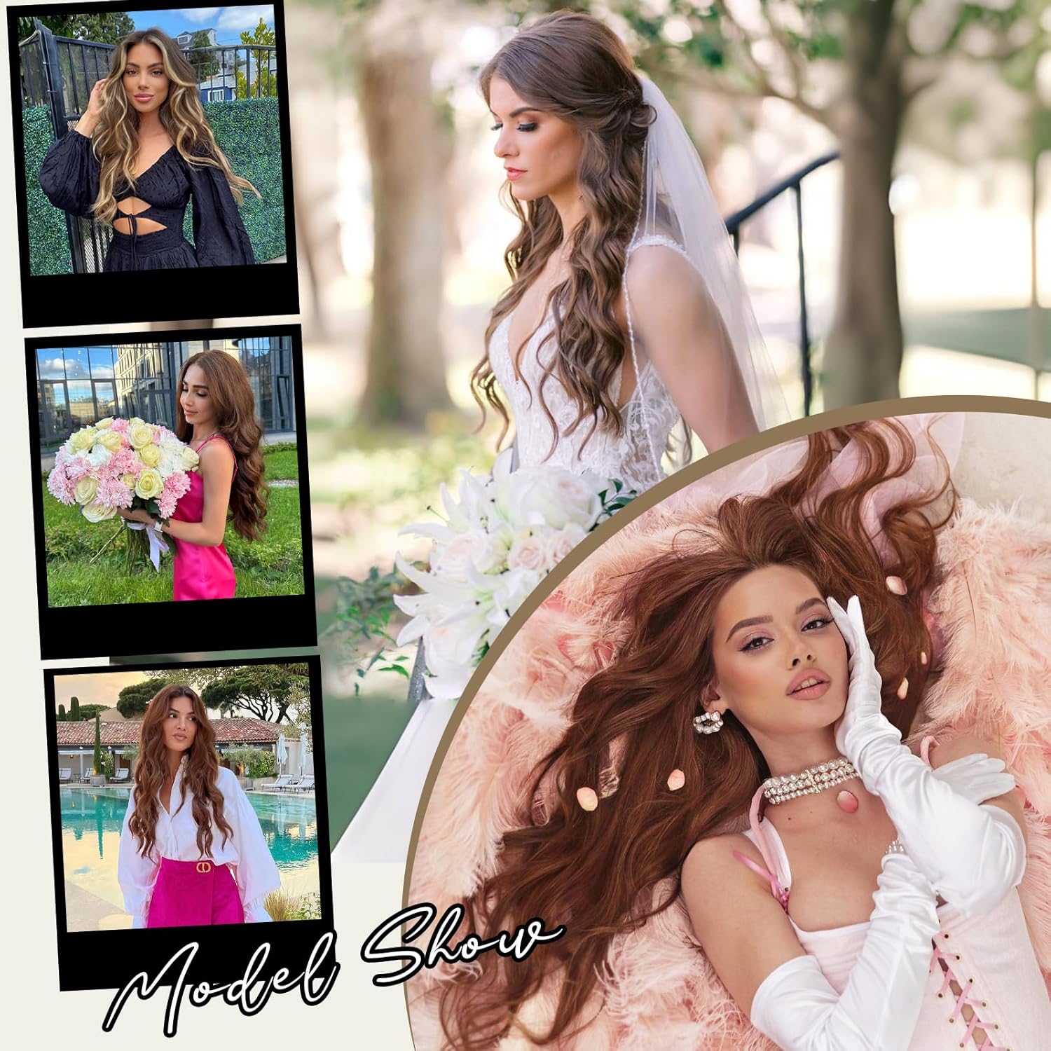 ALXNAN Extensiones de cabello, 4 extensiones de cabello con clip, 20 pulgadas, castaño medio, largo, ondulado, natural, suave, sintético, para mujer