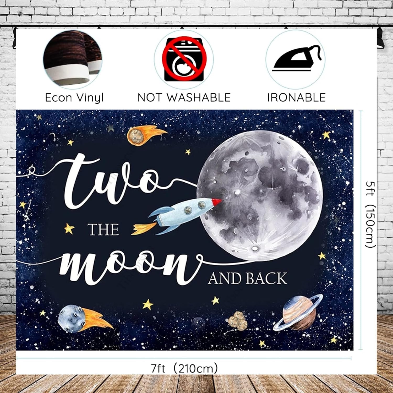 Fondo de feliz cumpleaños del espacio exterior con texto en inglés “Two The Moon”, decoración de fiesta de cumpleaños para niños, espacio exterior,