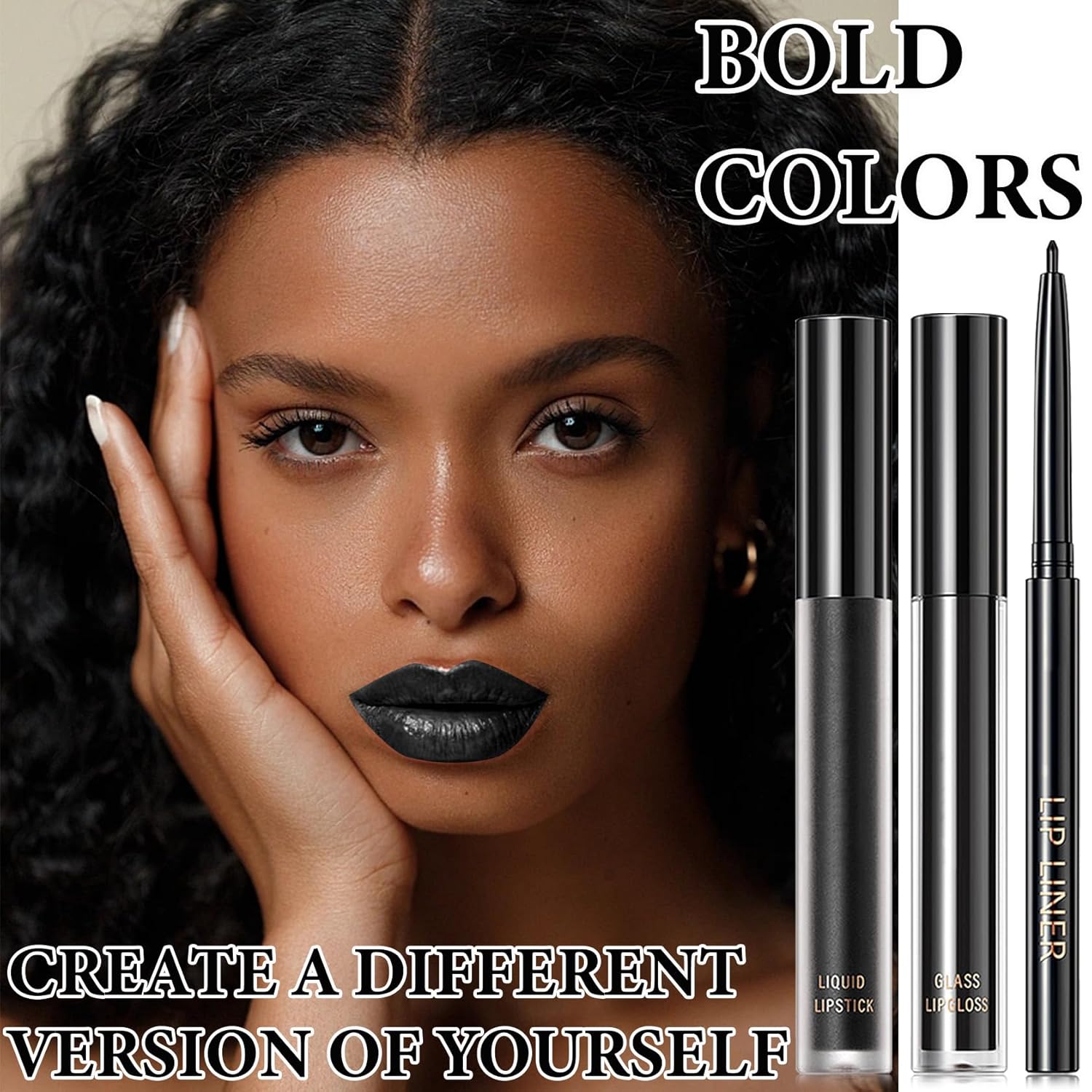 Juego de 3 lápices labiales y delineador de labios líquido mate negro mate, alto pigmentado, brillo de labios, juego de delineadores de labios