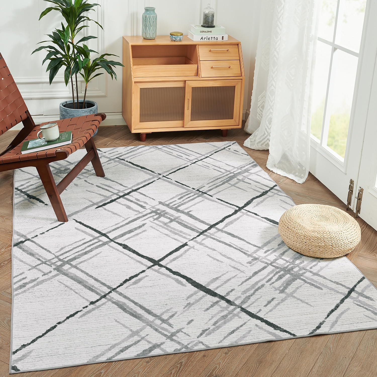 jinchan Alfombra de área moderna lavable de 6 x 9 pies, alfombra abstracta de cuadrícula geométrica, antideslizante, alfombra fina para exteriores,
