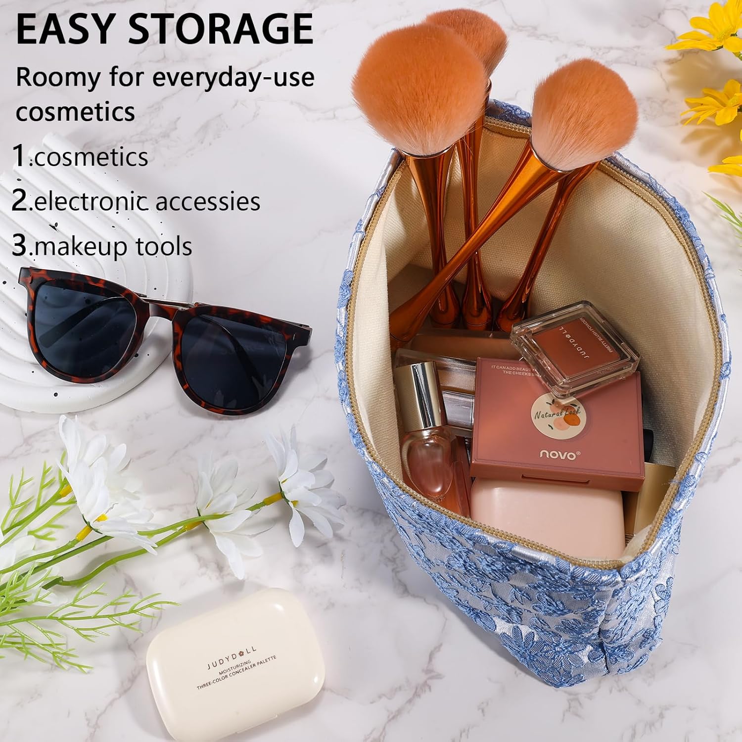 ZLFSRQ Bolsa de maquillaje de flores de margarita, bolsas de cosméticos para mujer, bolsa de maquillaje grande con cremallera, bolsa de cosméticos