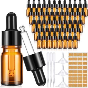 Uiifan Paquete de 100 botellas con cuentagotas de vidrio ámbar de 0.2 fl oz con 5 pipetas de plástico de 0.1 fl oz de largo, 5 embudos, 5 hojas de Uiifan Paquete de 100 botellas con cuentagotas de vidrio ámbar de 0.2 fl oz con 5 pipetas de plástico de 0.1 fl oz de largo, 5 embudos, 5 hojas de