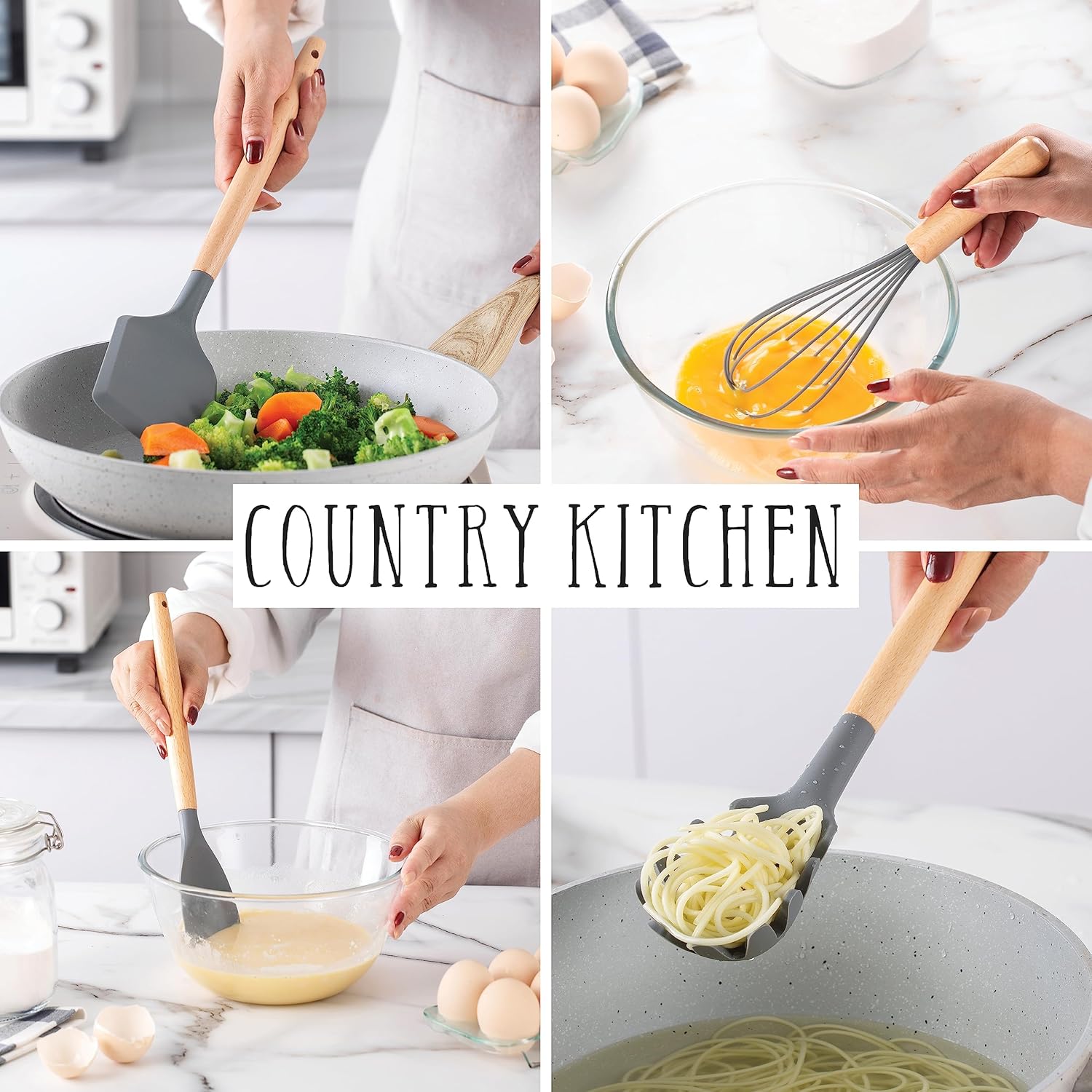 Country Kitchen Juego de utensilios de cocina  Juego de 38 espátulas de silicona antiadherentes con soporte, asas de madera y utensilios resistentes