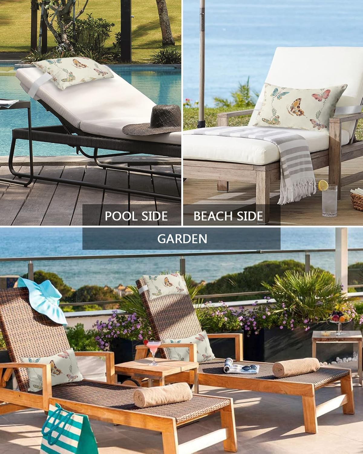 Chaise Lounge – Fundas de almohada para reposacabezas y reposacabezas, funda de almohada lumbar de mariposa impermeable para exteriores, para