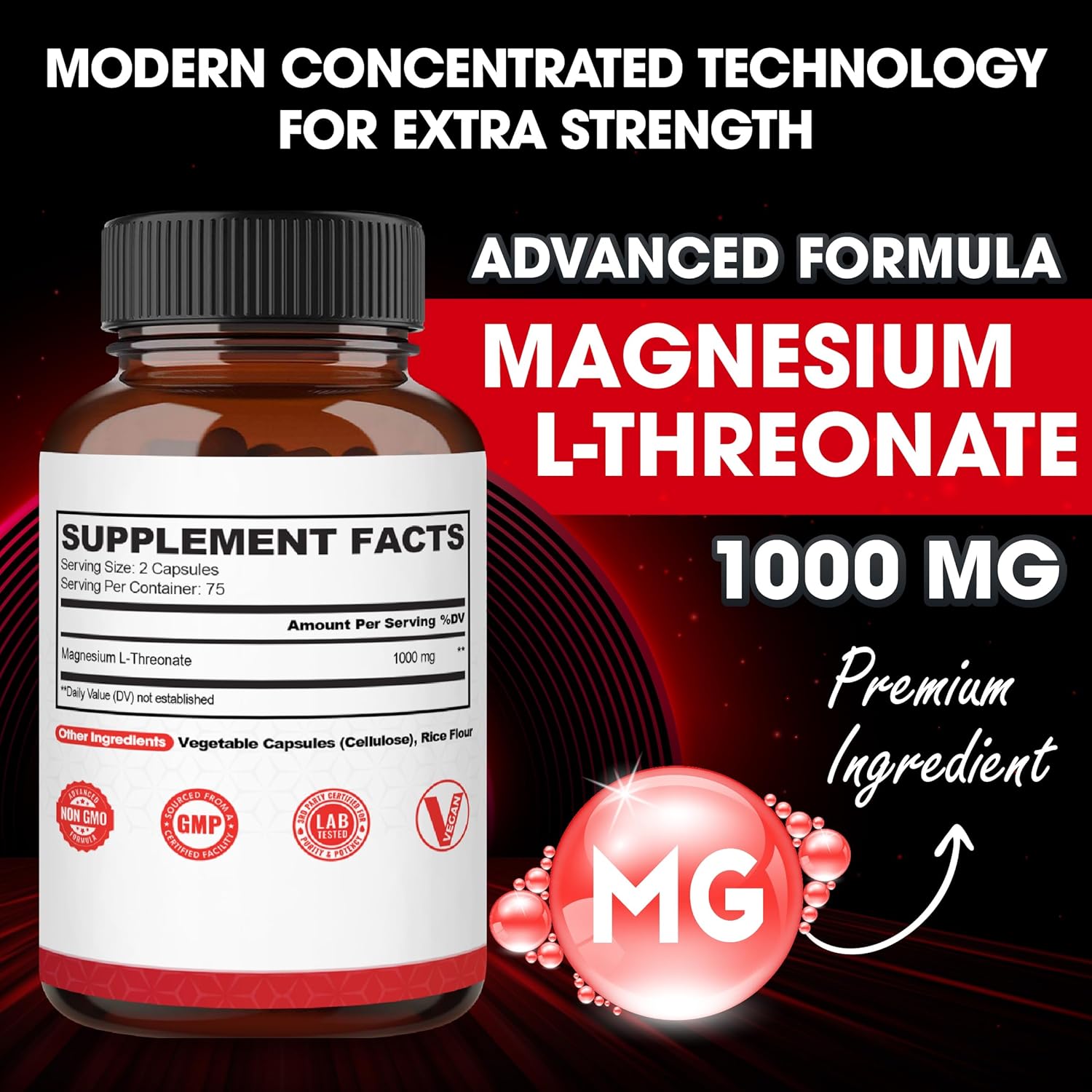 Suplemento L-treonato de magnesio de 1000 mg – 150 píldoras – Fórmula concentrada de fuerza – Sin gluten, sin OMG