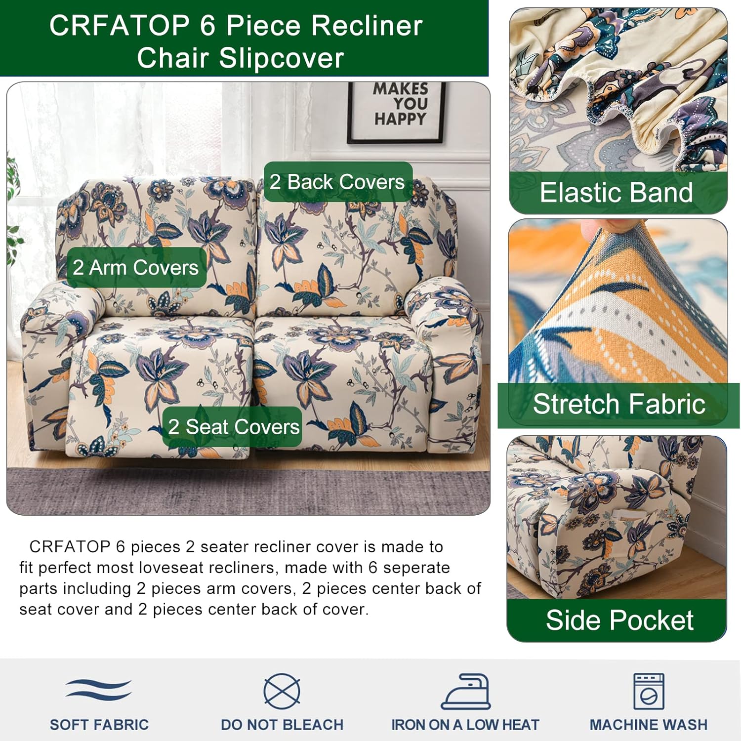 CRFATOP Funda elástica para sofá biplaza reclinable con bolsillos, 6 piezas, fundas de sofá reclinable de doble sección para sofá reclinable de 2