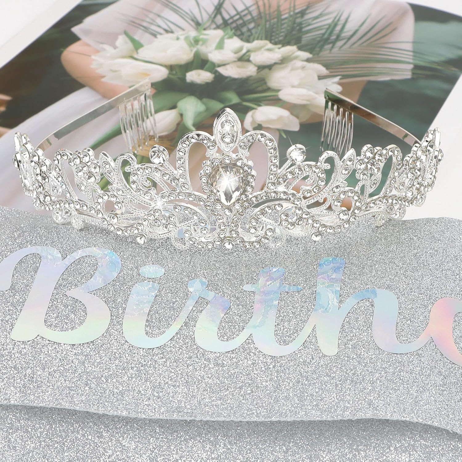Corona de cumpleaños para mujer, juego de banda y tiara de diamantes de imitación, banda de cumpleaños de princesa y tiara para mujer, decoración de
