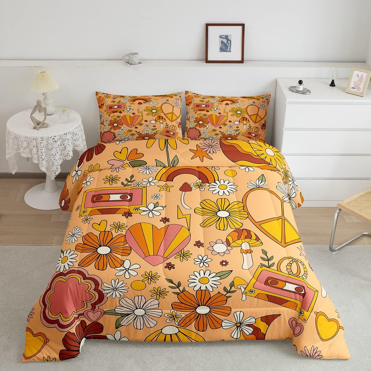 Groovy Style – Juego de edredón de tamaño matrimonial, juego de ropa de cama vintage de los años 60 y 70 con diseño de garabatos de flores para