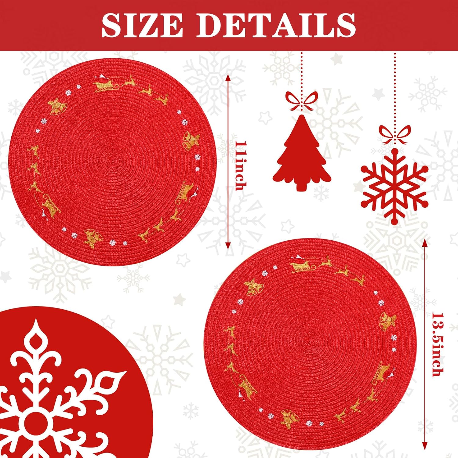 Tioncy 6 manteles individuales de plástico redondos de Navidad con copos de nieve rojos de 13.4 pulgadas, mantel individual de reno de invierno con