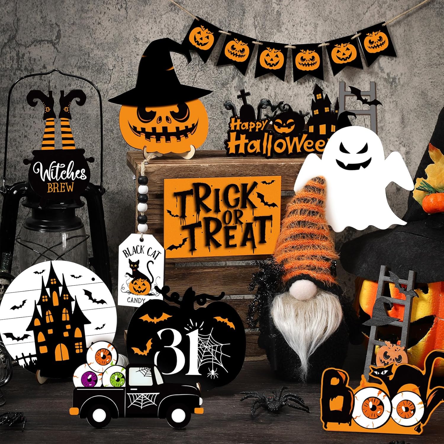 Geetery Juego de 18 piezas de decoración de Halloween para bandejas escalonadas de Halloween, letrero de madera, lindo gnomo de felpa, calabaza,