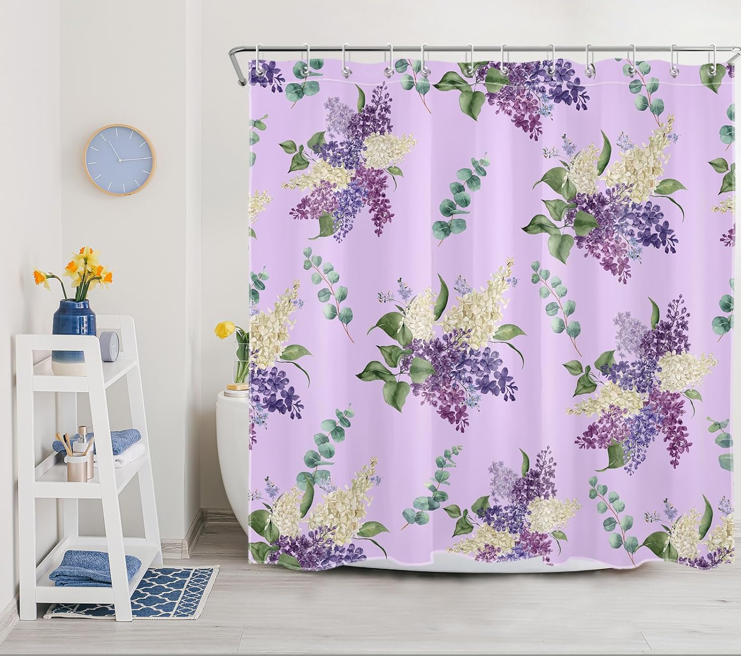 Cortina de ducha floral de acuarela para baño, flores silvestres con hojas verdes y hojas de eucalipto sobre púrpura, cortina de ducha con 12
