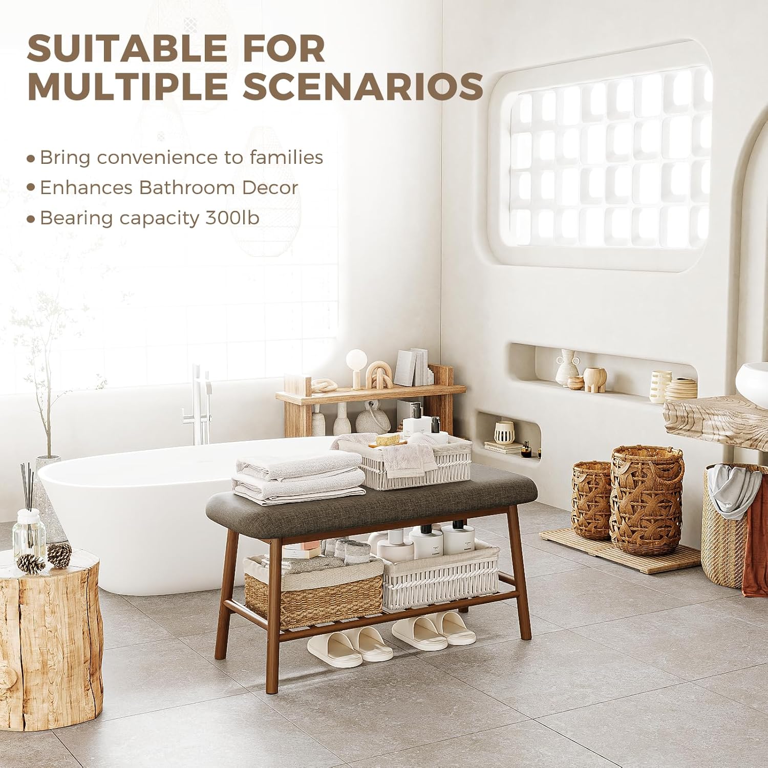 Bamworld Banco de zapatos para entrada, banco de bambú de 2 niveles con bancos de almacenamiento de cojines para dormitorio, sala de estar, interior