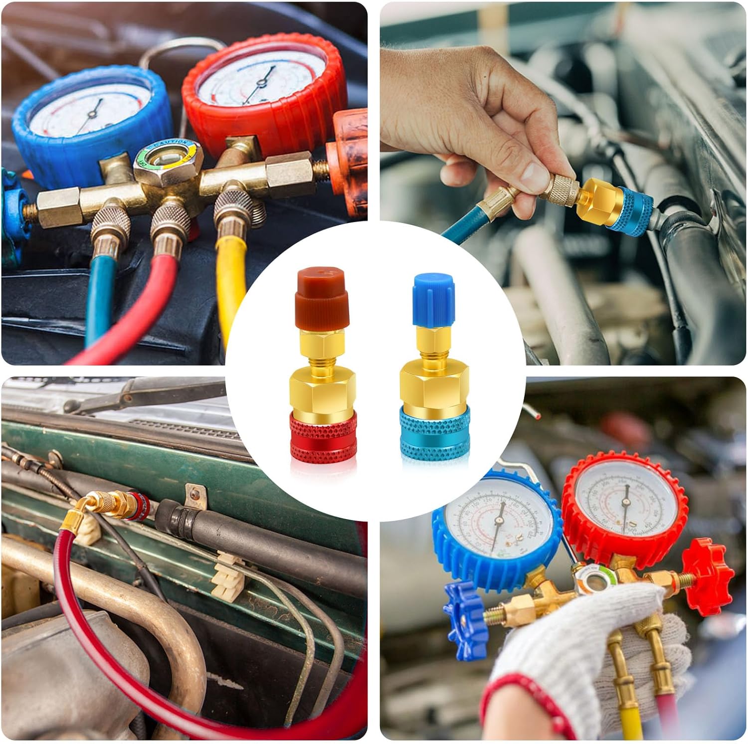 2 adaptadores R1234yf a R134a, kit de acopladores rápidos, kit de recarga de refrigerante R1234yf, adaptadores de lado altobajo R134a a R1234yf para