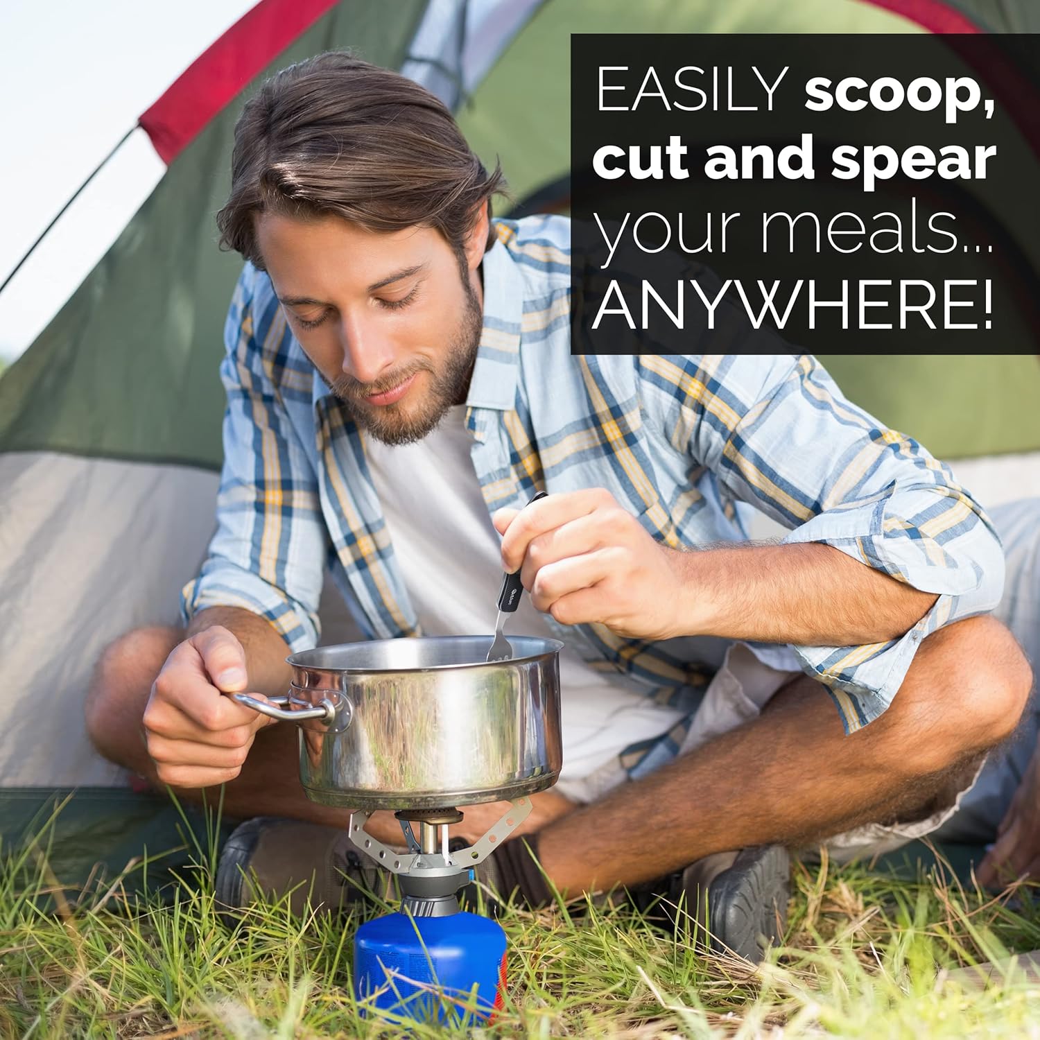 Orblue Utensilios de campamento 4 en 1, paquete de 2, cuchara portátil de acero inoxidable, tenedor, cuchillo y abridor de botellas,