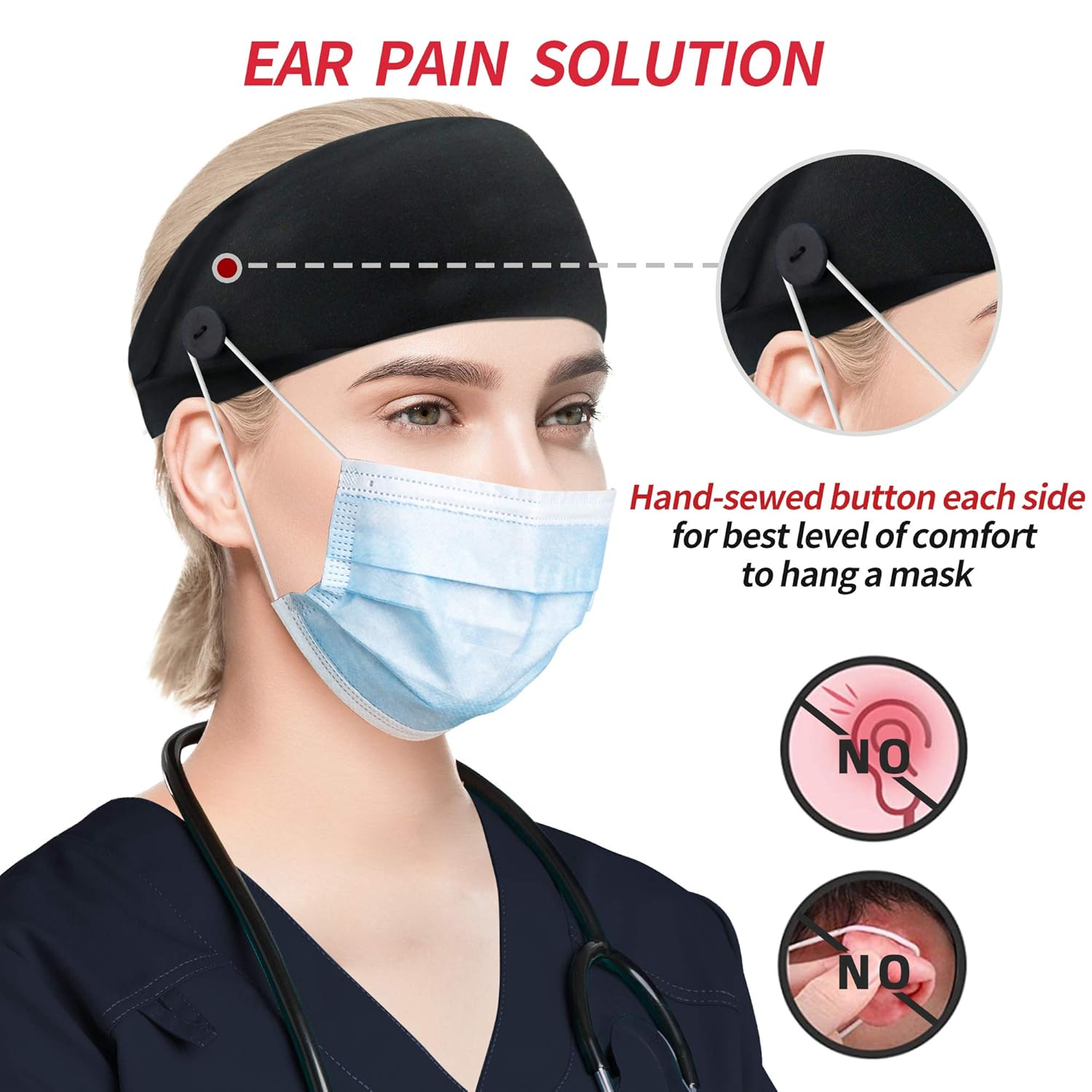 ABAMERICA Diademas con botón para máscara, diademas anchas de enfermería antideslizantes y elásticas para mujeres, hombres y médicos (BOTON- 1