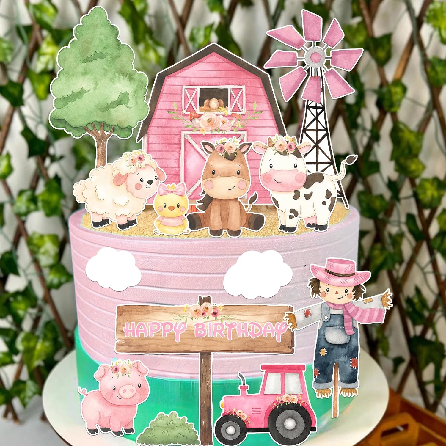 Decoración rosa para tartas de animales de granja, decoración de cumpleaños, 14 piezas de animales de granja, decoraciones para tartas, suministros
