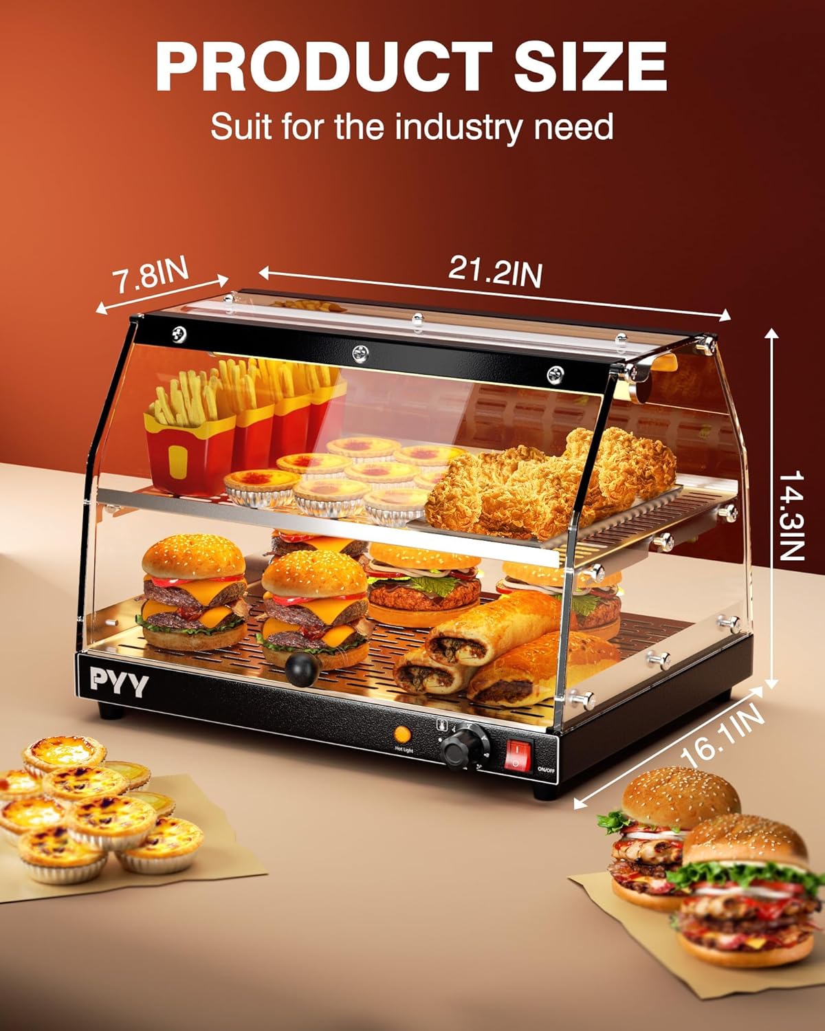 PYY Calentador de alimentos comercial para encimera, calentador de pizza, encimera de 2 niveles con iluminación LED, calentador de pantalla de