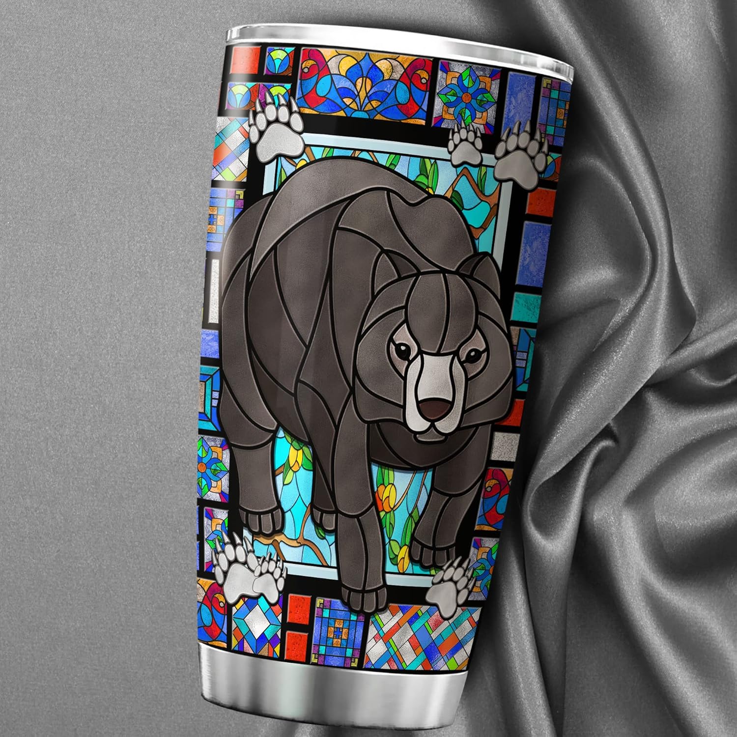 ZOXIX Vaso personalizado con diseño de oso lindo de 20 onzas, colorido estilo vitral, vida silvestre, temática de animales, ideas de regalo, taza