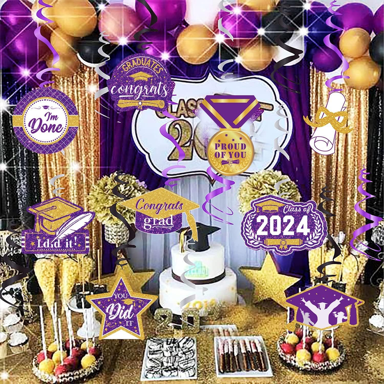 Decoraciones de graduación morado, negro y dorado 2024morado dorado, decoraciones de fiesta de graduación NYU, 15 espirales colgantes de clase de
