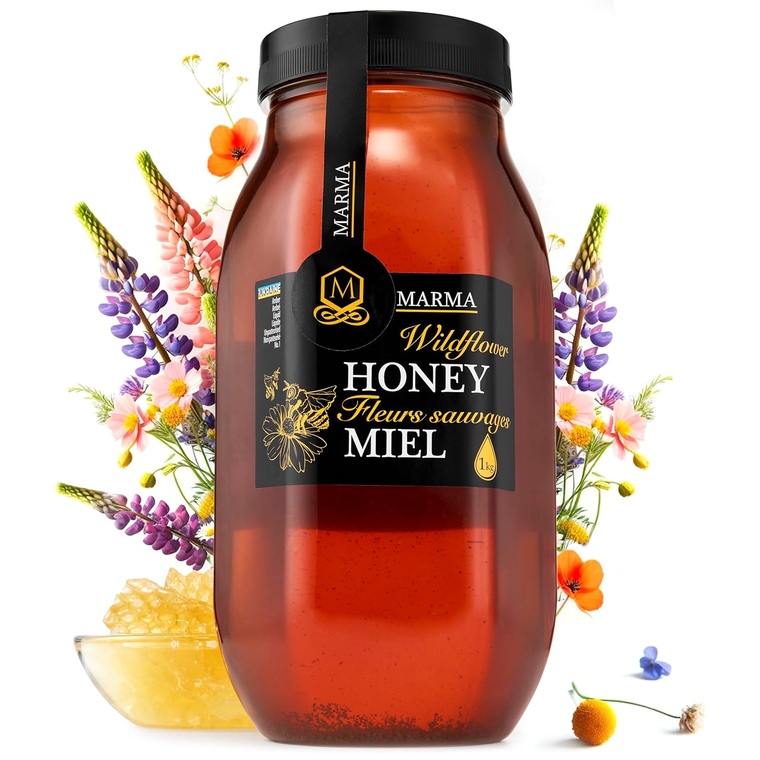 HONIGMA Marma – Miel de flores silvestres  Sabor exquisito  100% pura  Cristalizada  Sin pasteurizar  Sin filtrar  35.2 oz  Paquete de 6