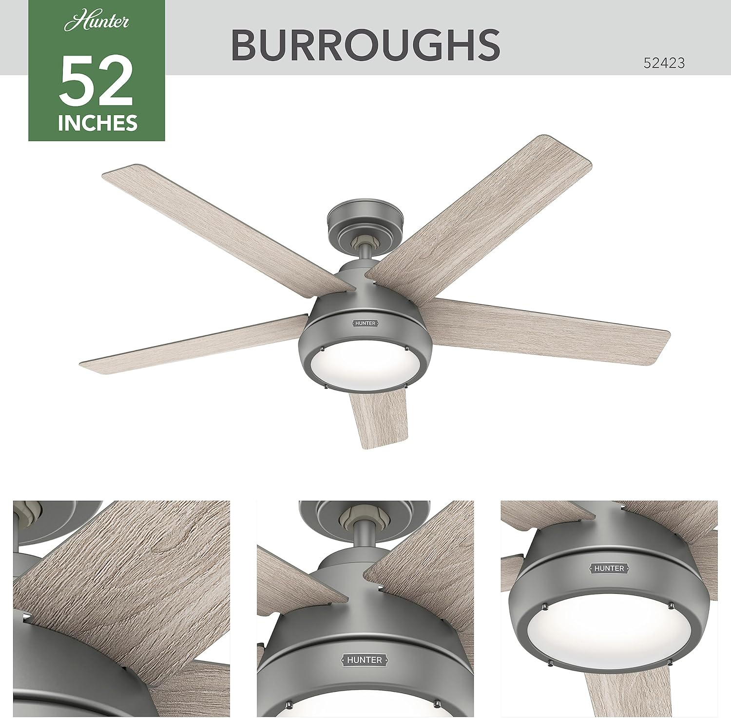 Hunter Fan Company 52423 Burroughs Ventilador de techo, 52 pulgadas, plateado mate