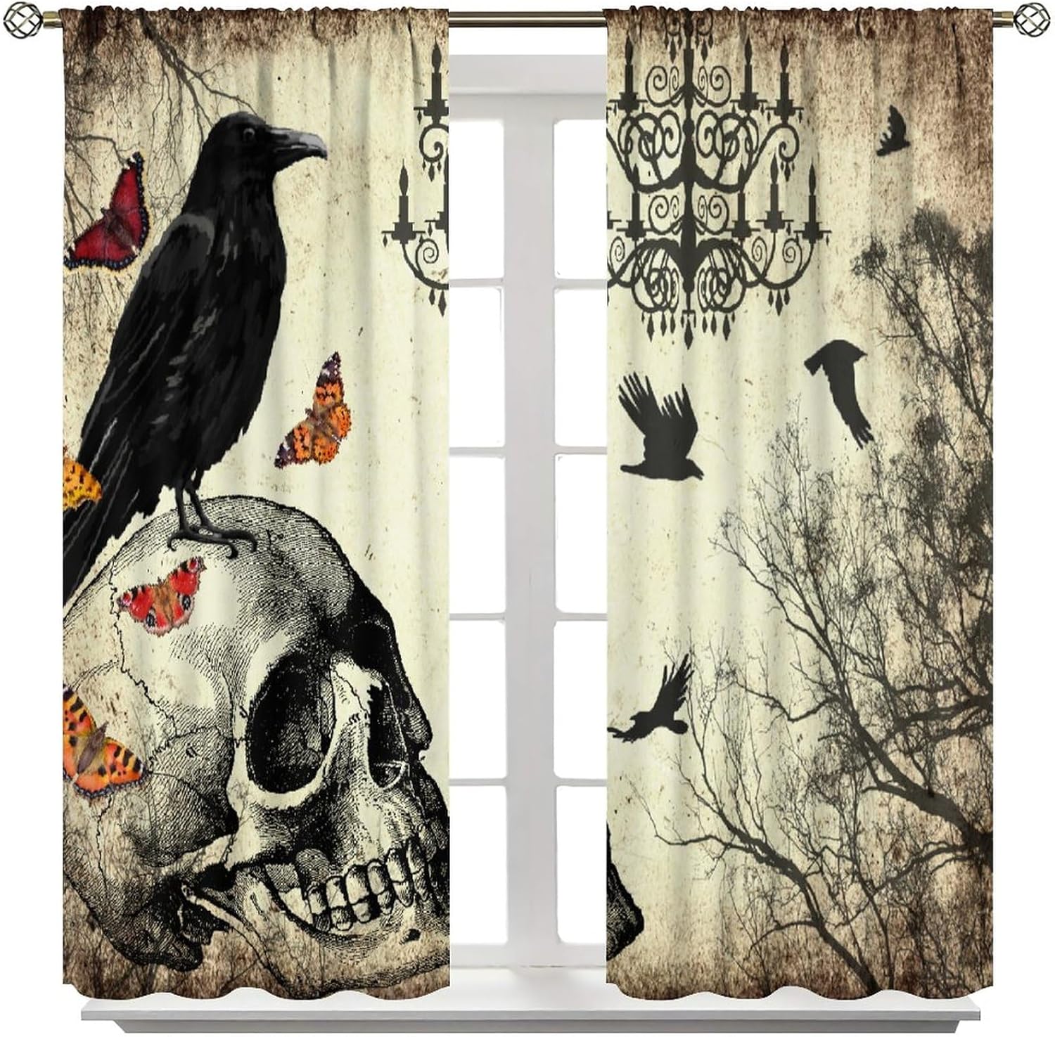 JanJCurt Cortinas de calavera de Halloween, periódico vintage, bosque brumoso, gótico, aterrador, estampado de cuervo negro, aislamiento térmico,