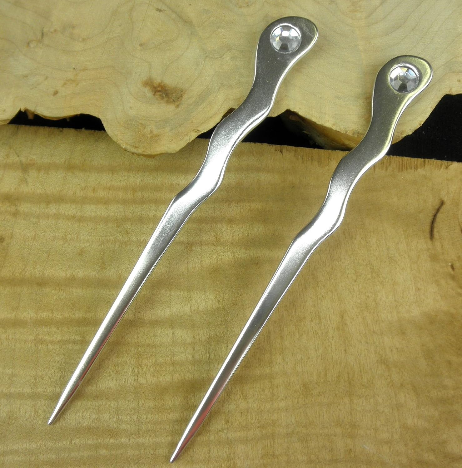 (2) Palillos de pelo en espiral de metal de aluminio anodizado de 6 pulgadas de largo con diamantes de imitación transparentes, horquilla de púa –