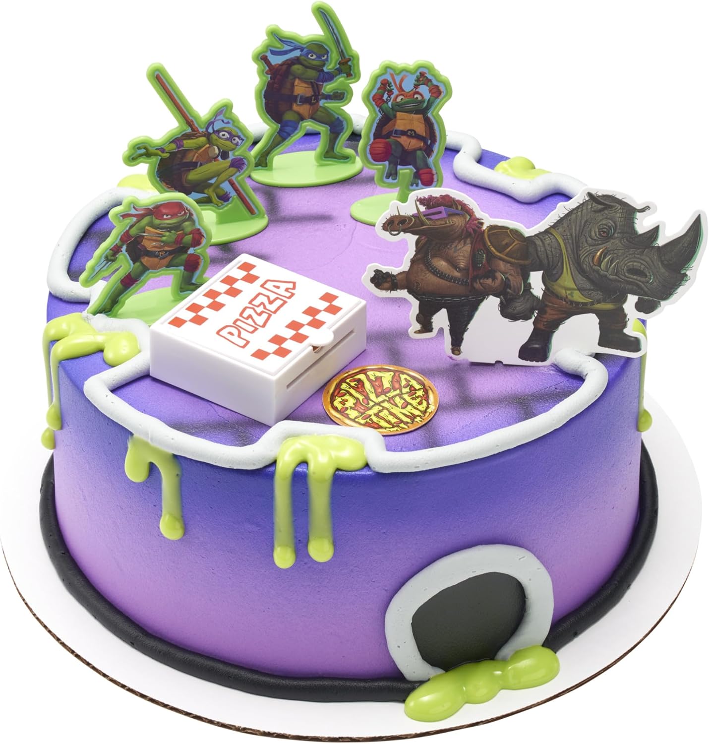 DecoSet Teenage Mutant Ninja Turtles Pizza Power Cake Topper, decoración de pastel de 6 piezas con figuras de tortuga, foto de pastel y lanzador de