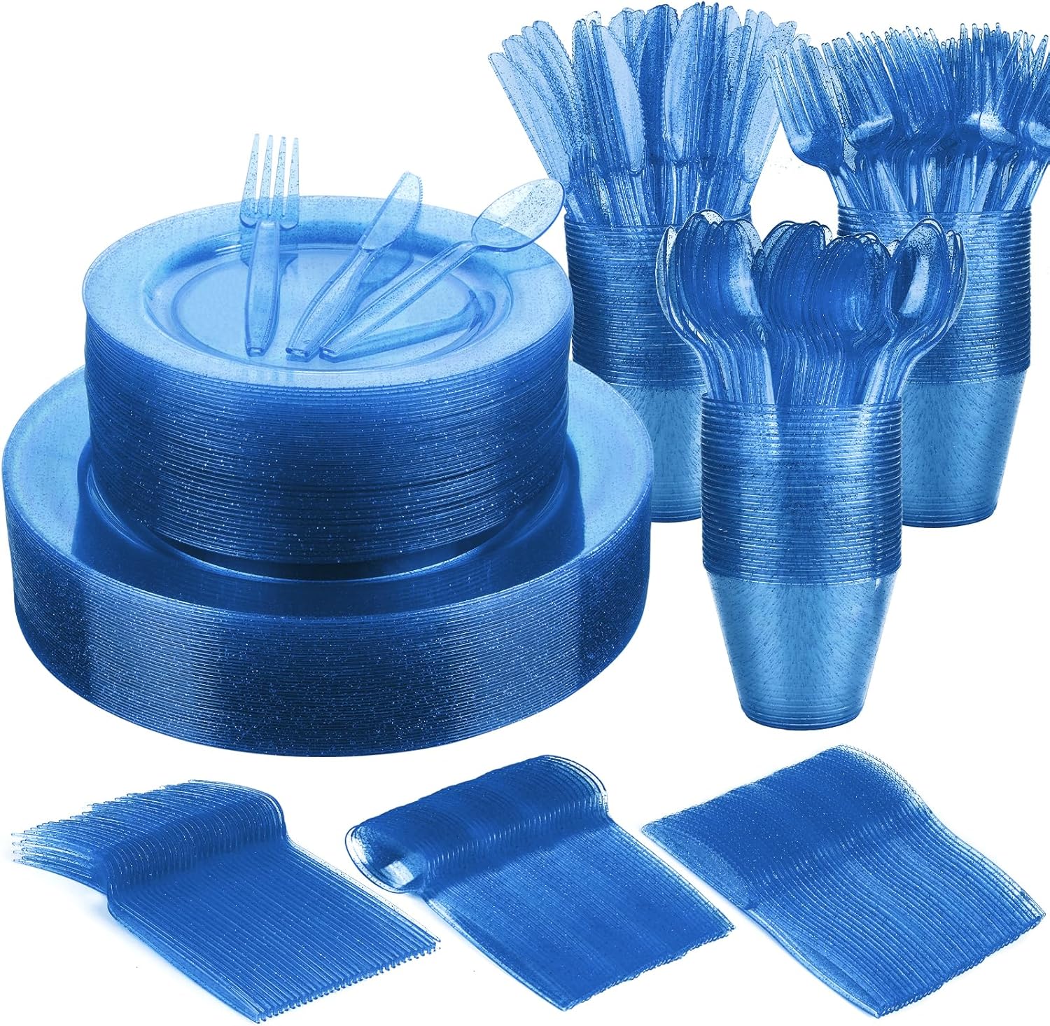 WYTAOHZL Juego de vajilla de 240 piezas con purpurina azul para 40 invitados, vajilla desechable con purpurina azul de 10.2 pulgadas, platos de