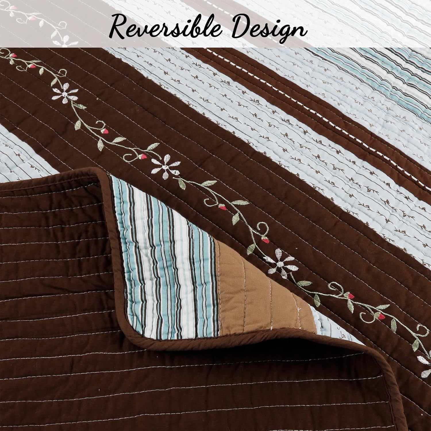 Cozy Line Home Fashions Juego de ropa de cama reversible de 100 % algodón, colcha floral de cabaña azul tostado, colcha floral (rayas marrones,