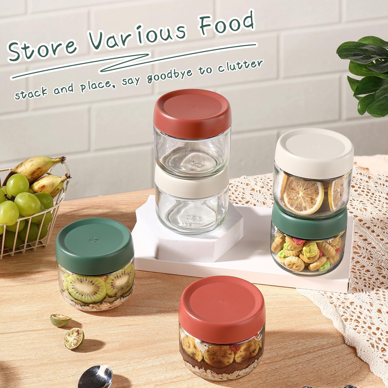DIMBRAH Tarros de vidrio de 10 onzas con tapas, juego de 6, recipientes de avena con tapas, práctico recipiente de avena para llevar, tarros de