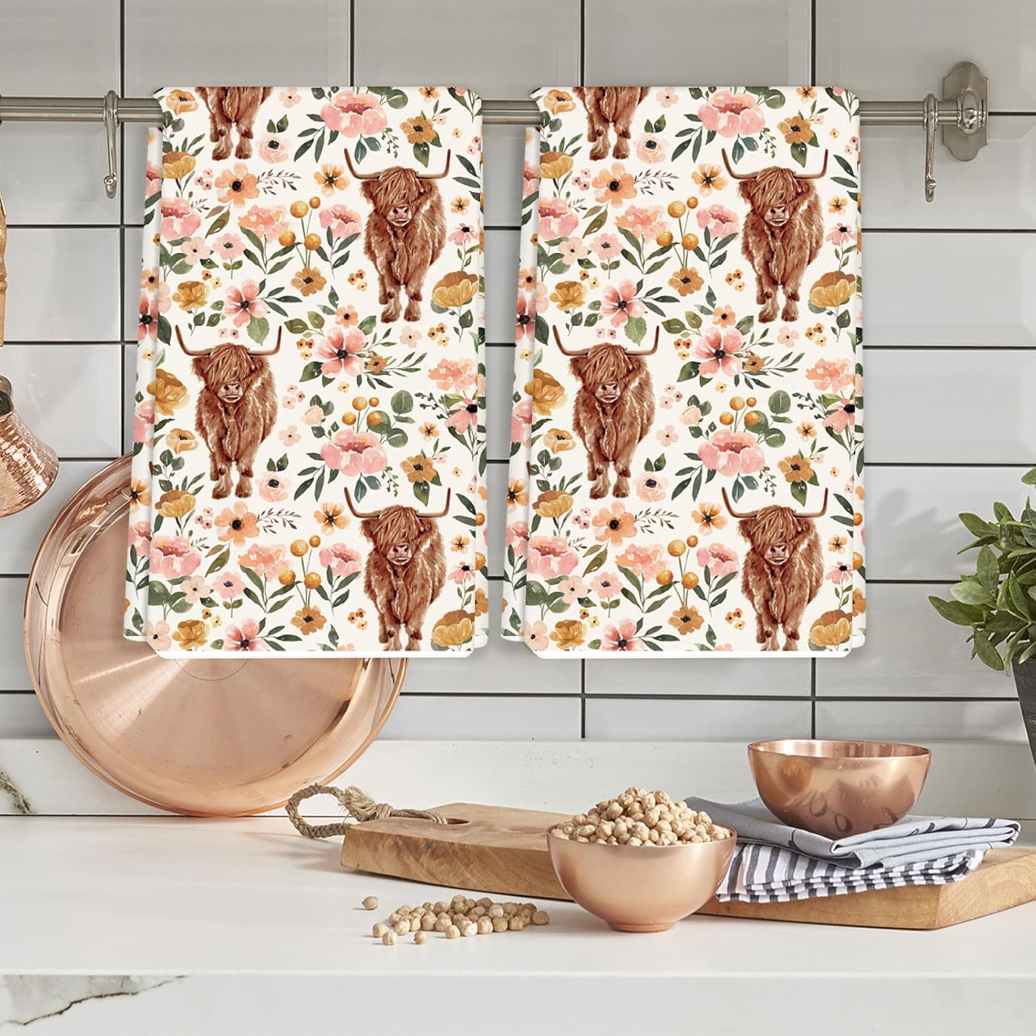 AnyDesign Toalla de cocina de vaca de las tierras altas con estampado floral bohemio de 18 x 28 pulgadas, paño de cocina de granja de acuarela para