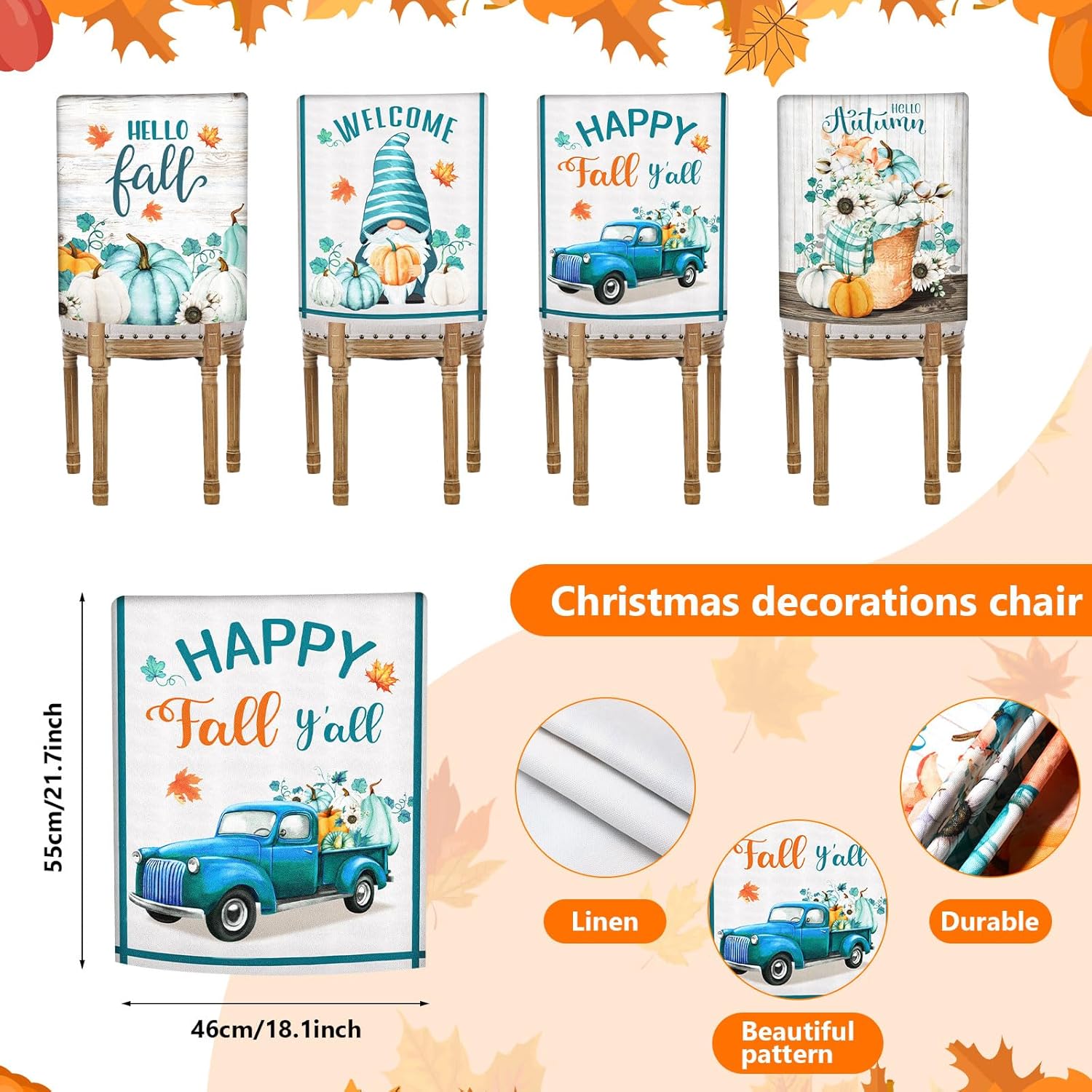 Blulu 4 fundas protectoras para sillas de comedor de Acción de Gracias, calabazas blancas y azules, gnomo, decoraciones de otoño, fundas de asiento