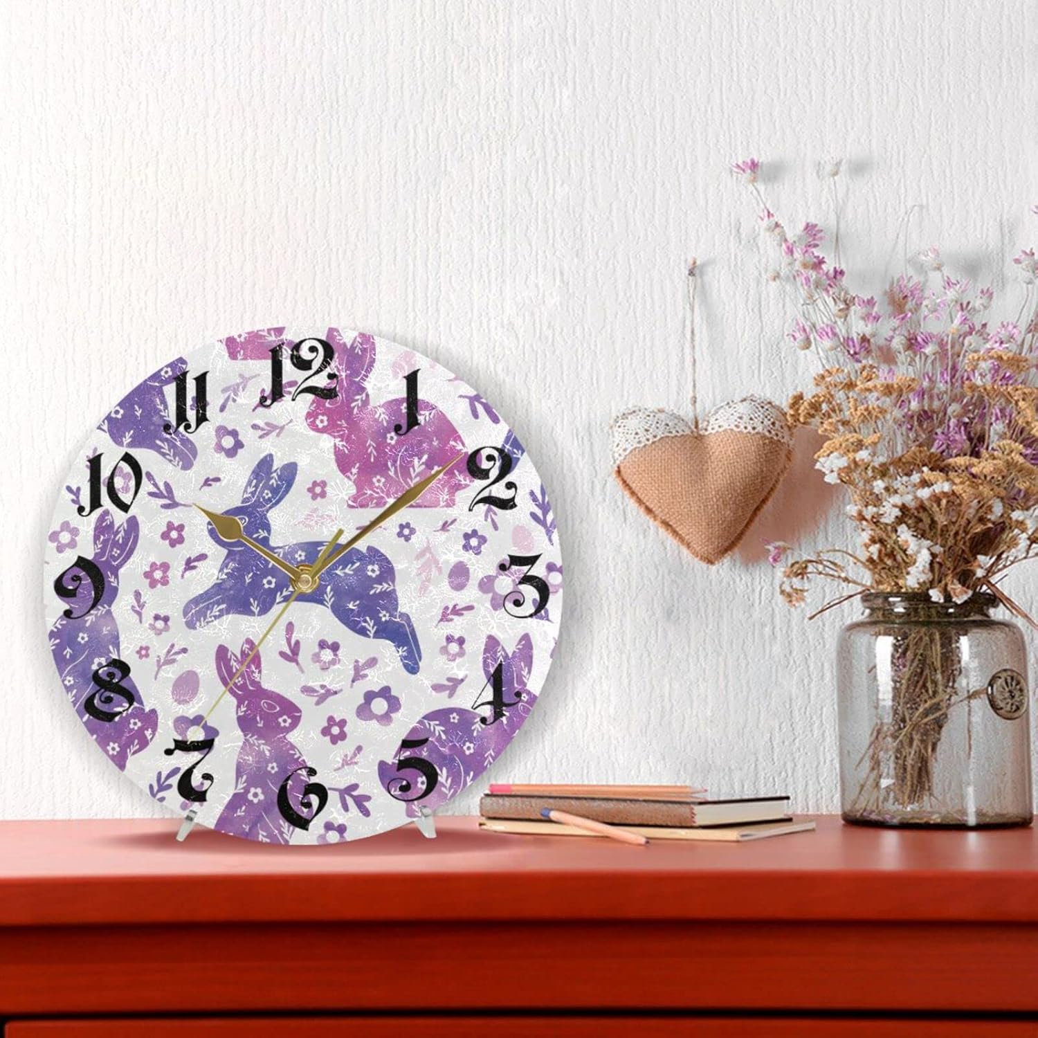 ZOEO Reloj de pared redondo de 10 pulgadas, silencioso, sin tictac, reloj de pared con conejito morado, funciona con pilas, para decoración de sala