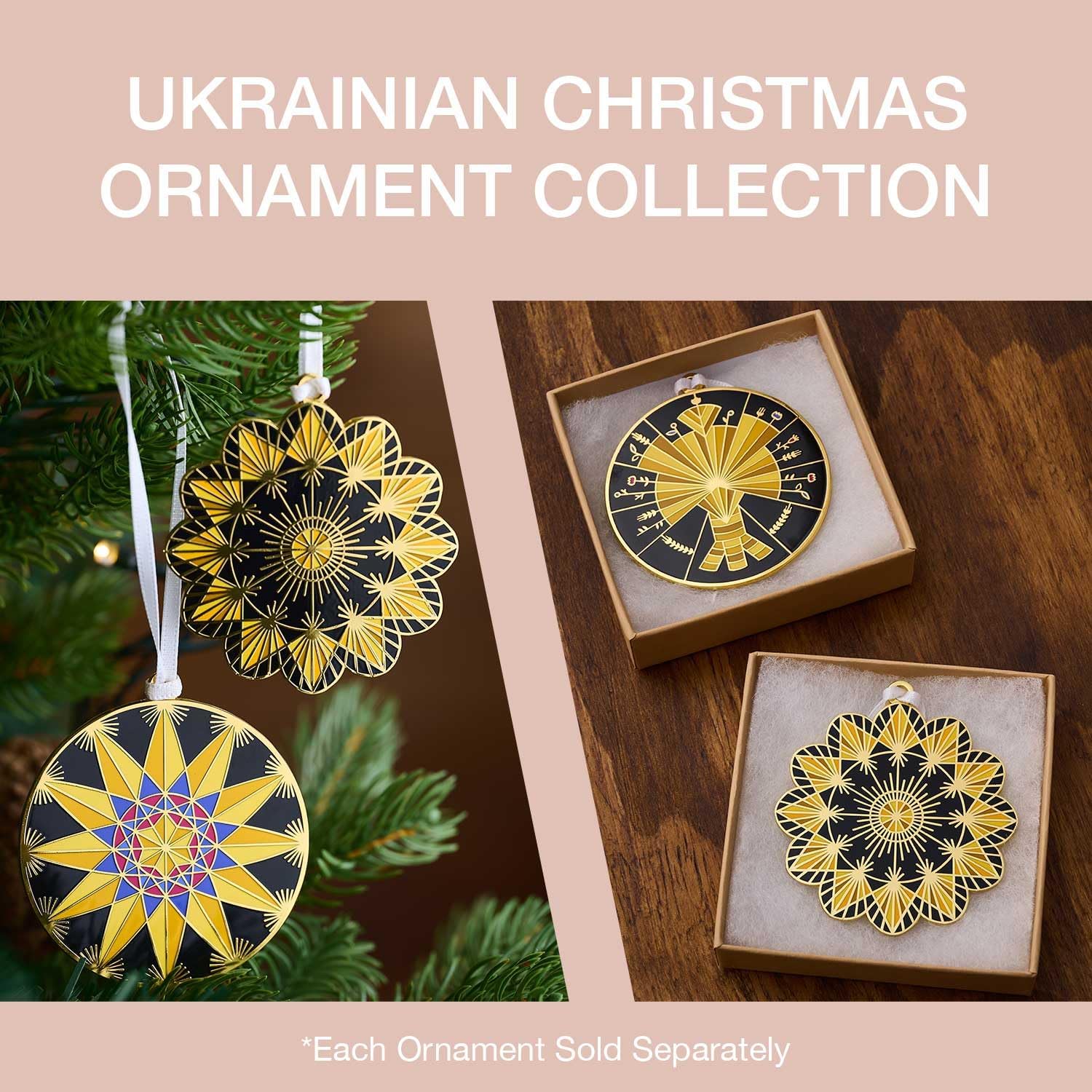 Adorno colgante de Navidad ucraniano, chapado en oro, diseño de doble cara por artistas ucranianos VikaVita – Adorno de Navidad 2023 por Dissent Pins