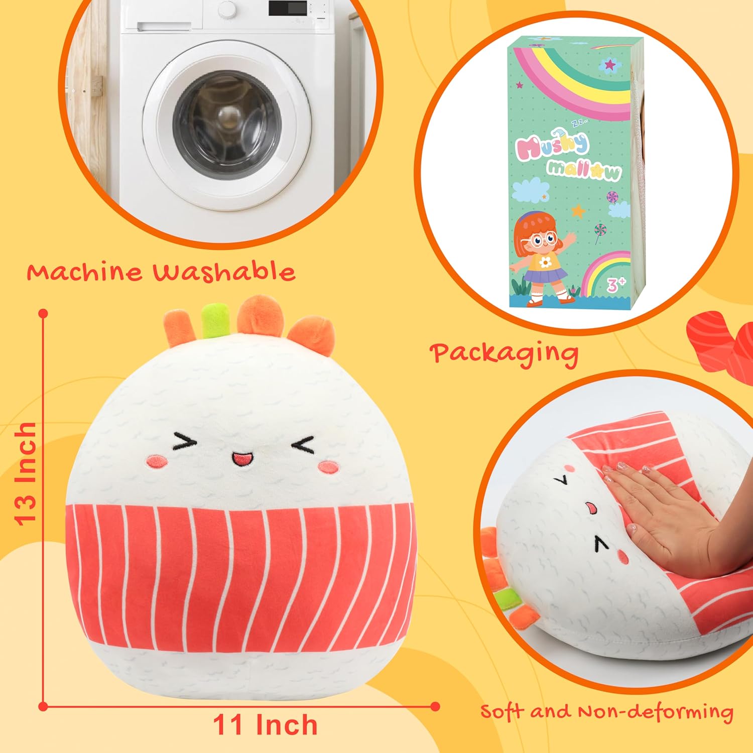 Mushymallow Almohada de peluche de sushi de 12 pulgadas, adorable almohada suave para abrazar, peluche de comida, animal de peluche, regalo de