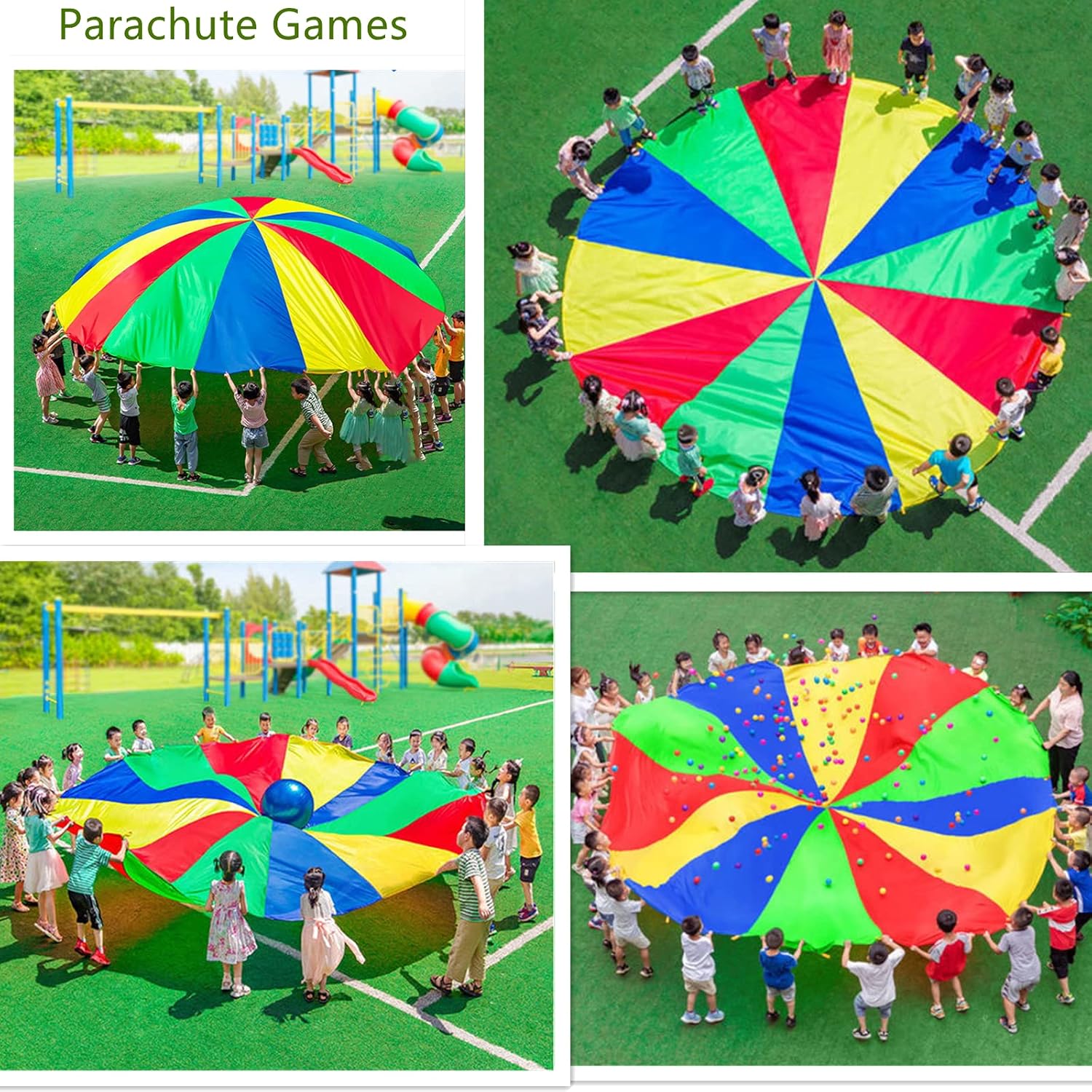 Juego de paracaídas de 6 pies, 10 pies, 20 pies con asas, paracaídas multicolor para niños, niños juegan paracaídas para interiores y exteriores,