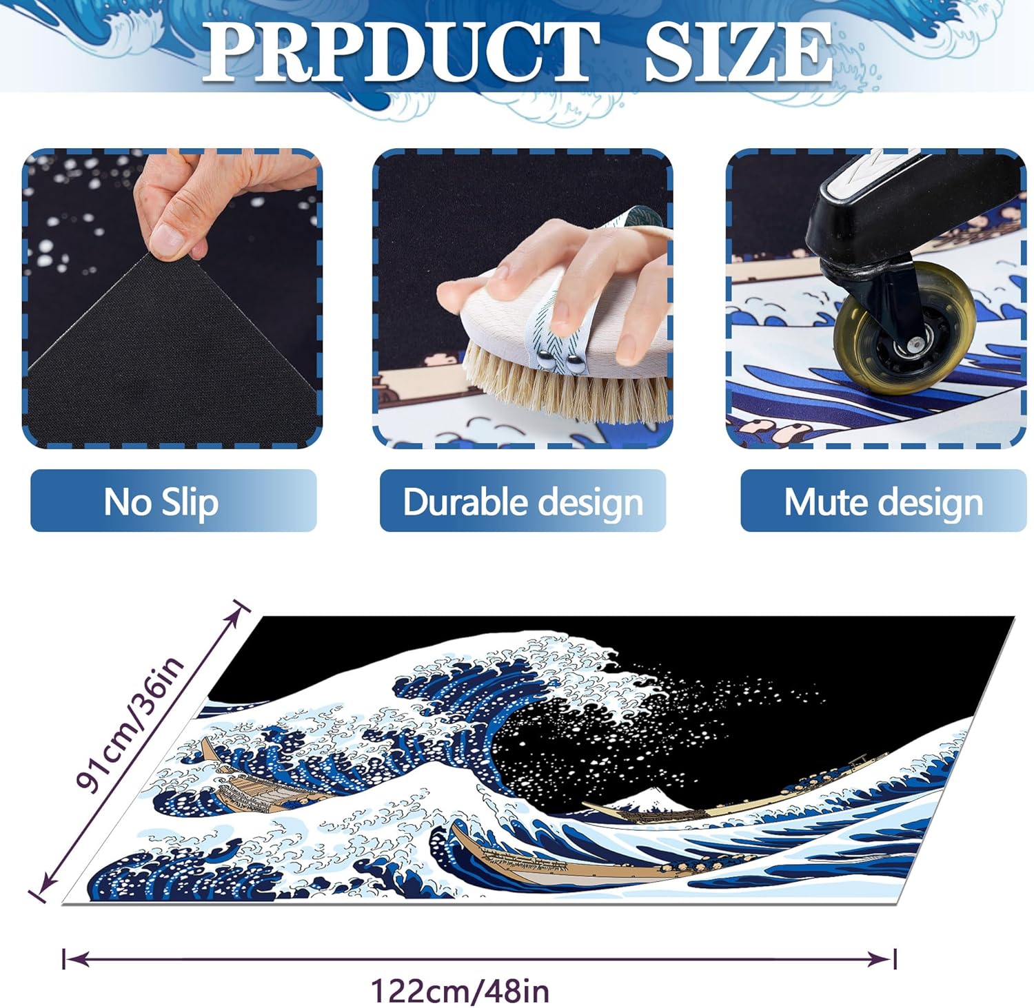 Tapete para silla de oficina para alfombra, tapete para silla de escritorio para alfombra, olas japonesas, tapete para silla de oficina de mar,